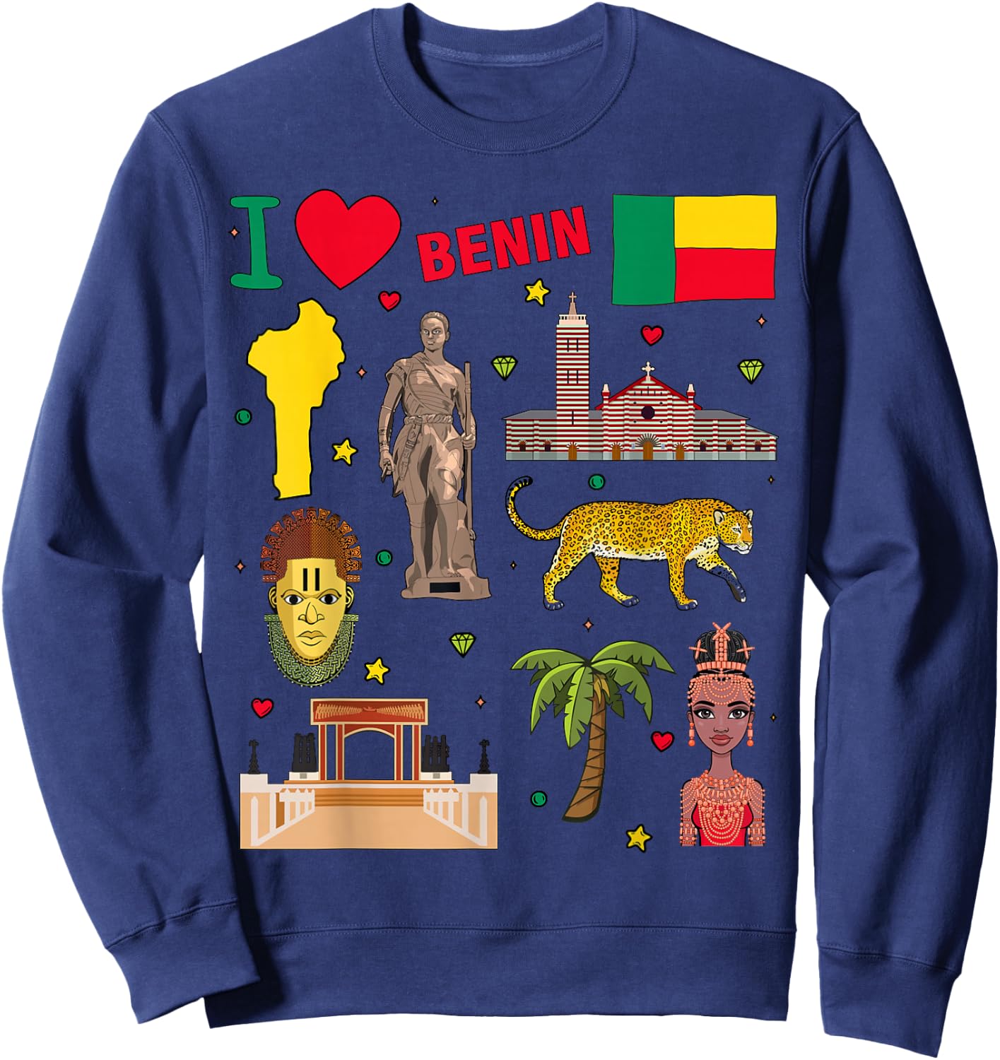 I love Benin. Hand drawn Beninese Landmarks, flag and map Sweatshirt - Sweatshirt | Navy