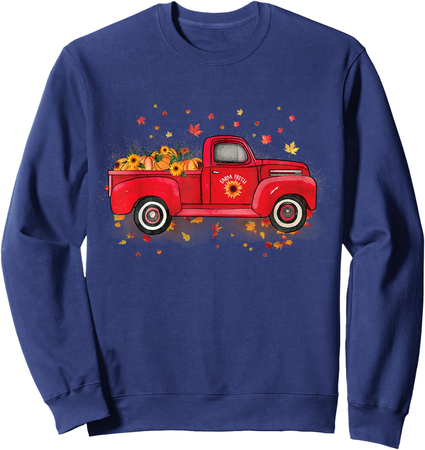 Fall Leaves Red Truck Pumpkins Sunflower Autumn Thanksgiving Sweatshirt - Sweatshirt | Navy
