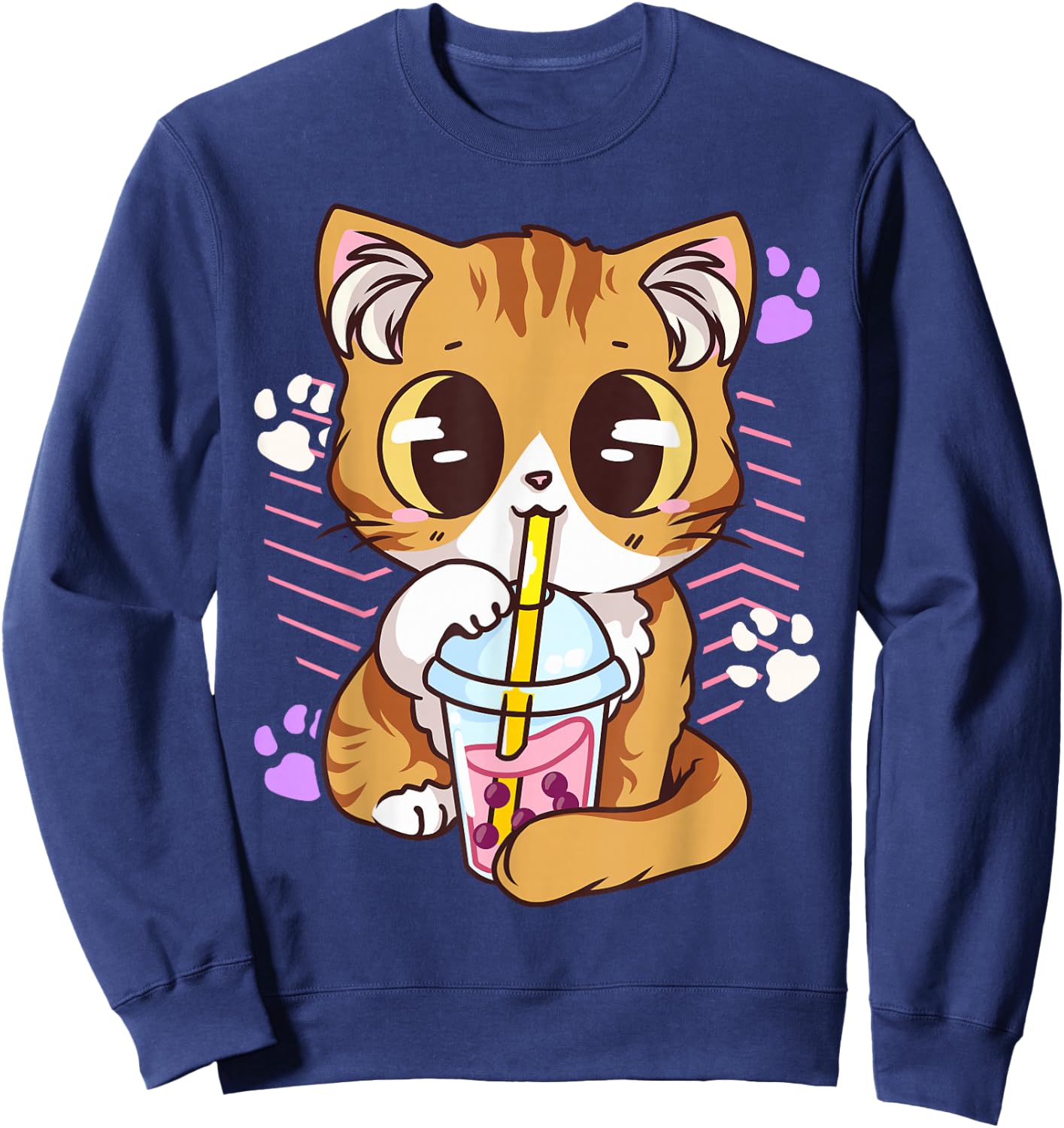 Cute Kawaii Cat Boba Bubble Milk Tea Anime Neko Kitten Sweatshirt - Sweatshirt | Navy