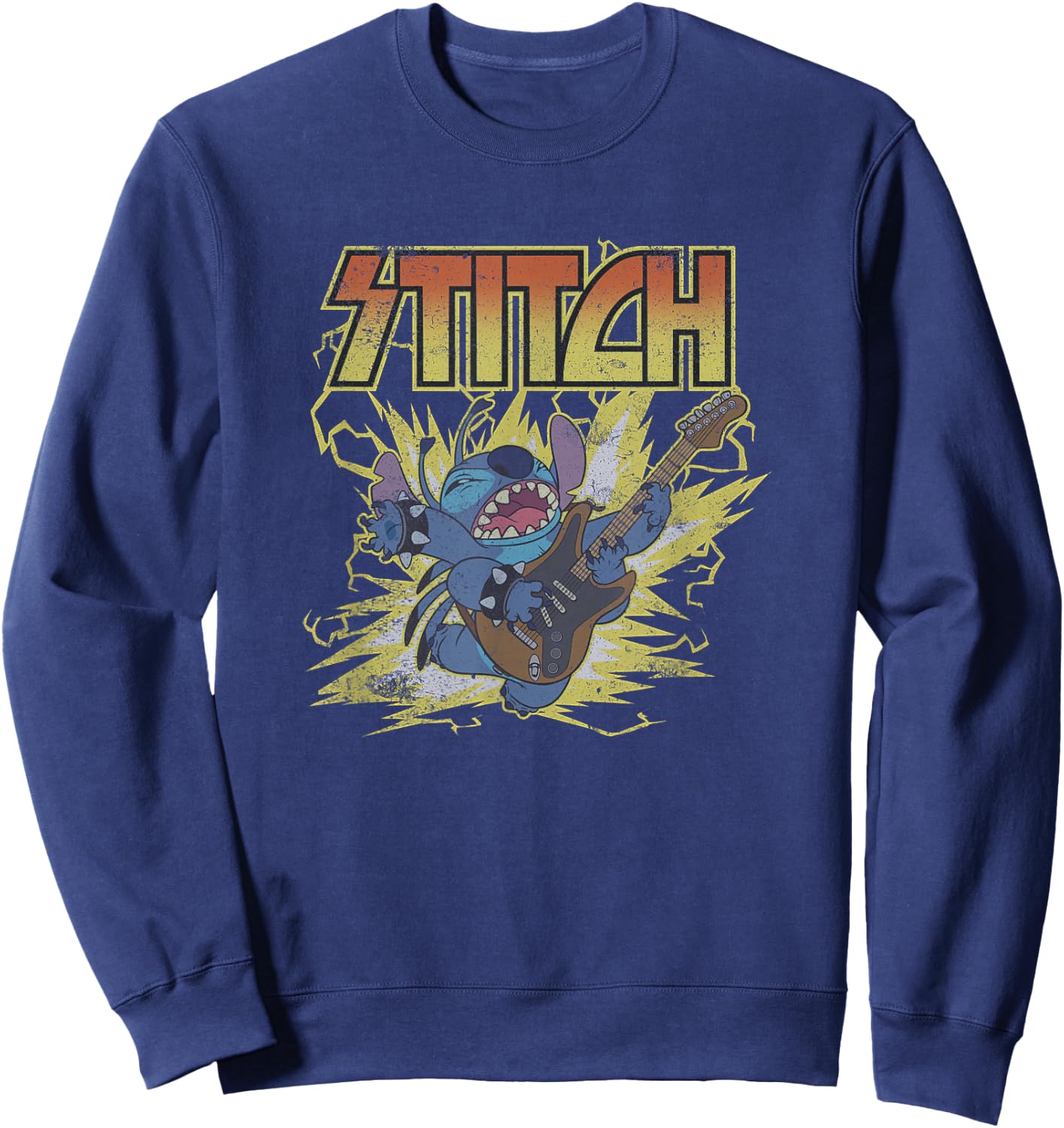 Disney Lilo & Stitch Hard Rocking Guitar Player Distressed Sweatshirt - Sweatshirt | Navy
