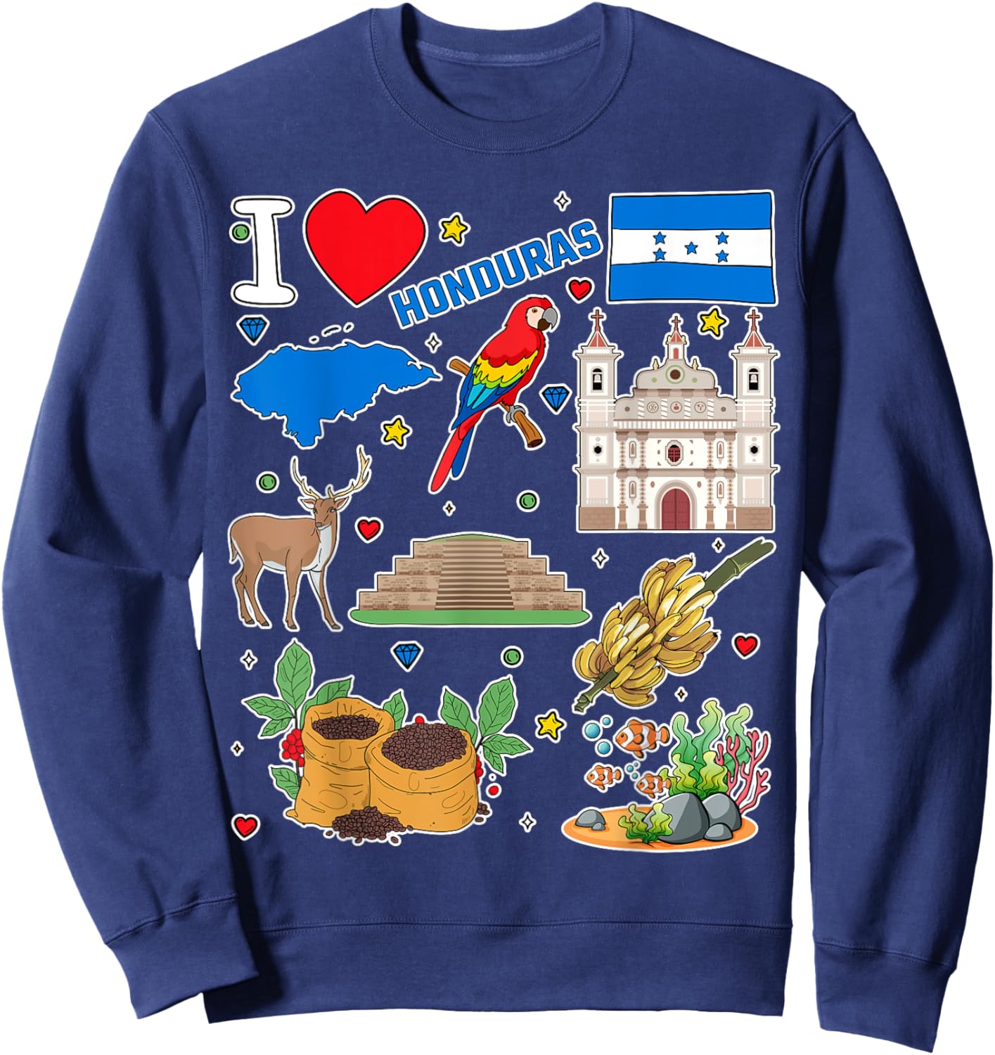 Honduran hand drawn symbols, Honduras map, cultural icons Sweatshirt - Sweatshirt | Navy