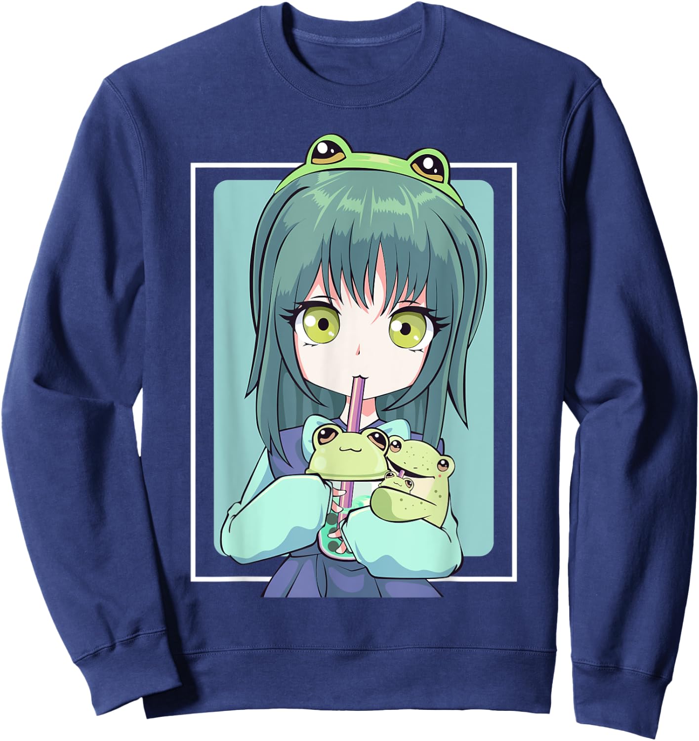 Anime Girl for Frog Lovers and Kawaii Boba Tea Frog Teens Sweatshirt - Sweatshirt | Navy
