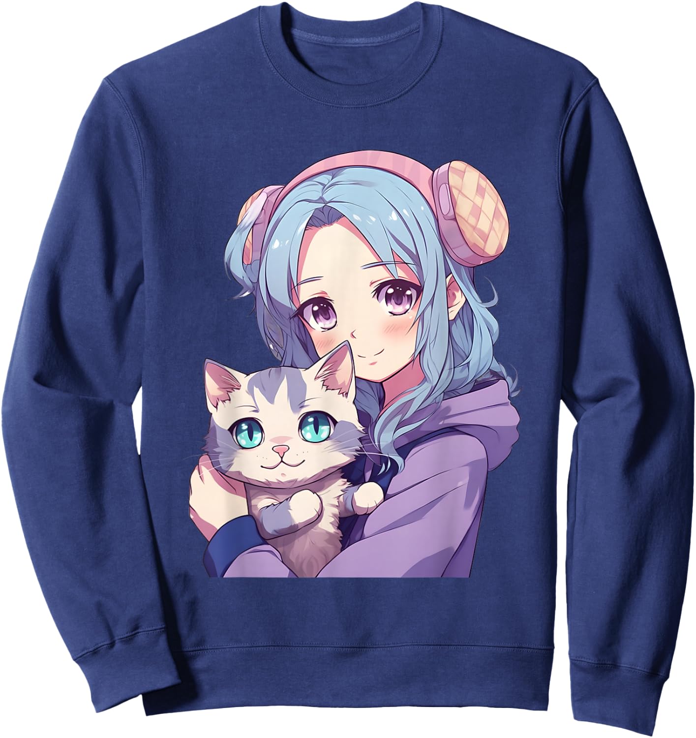 Japanese Kawaii Girl Anime & Cats for Teens Girls Sweatshirt - Sweatshirt | Navy