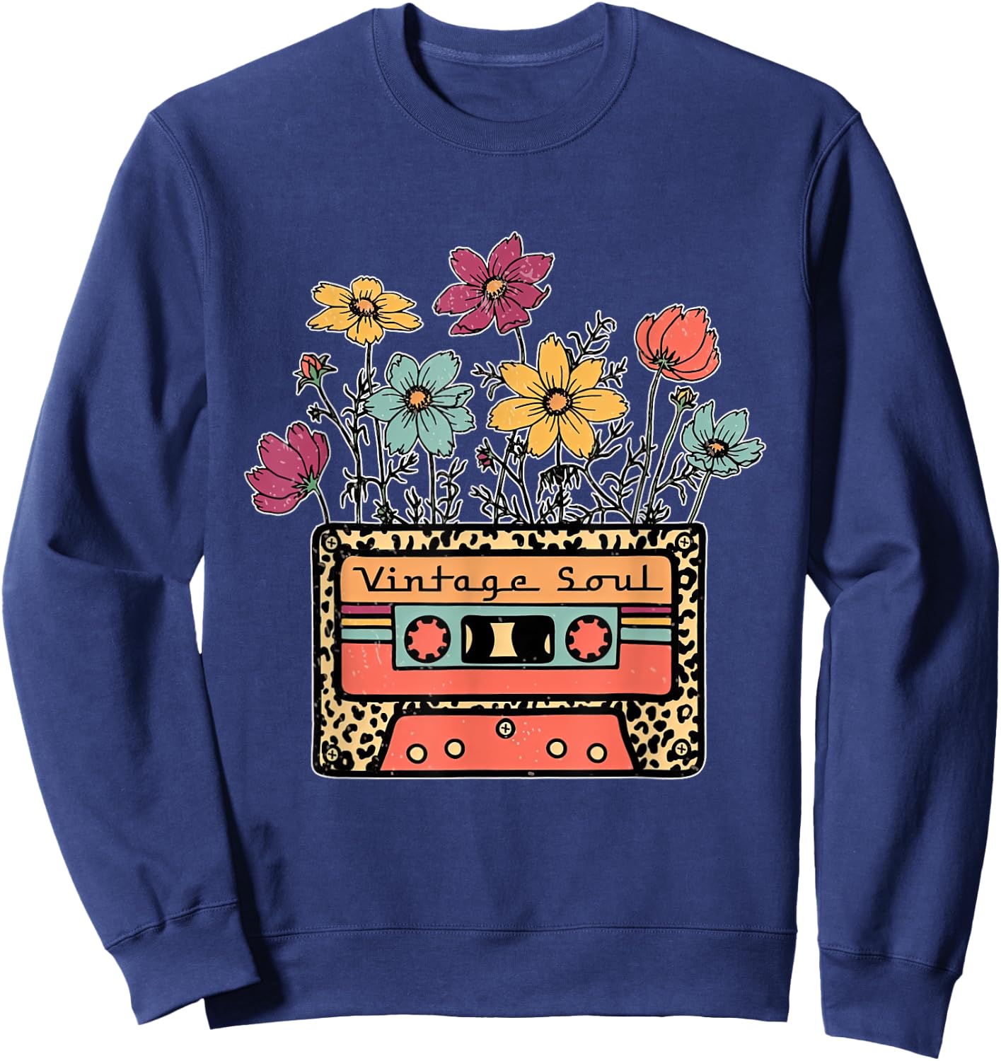 Funny Vintage Soul Leopard Cassette Tape Flowers Wildflower Sweatshirt - Sweatshirt | Navy