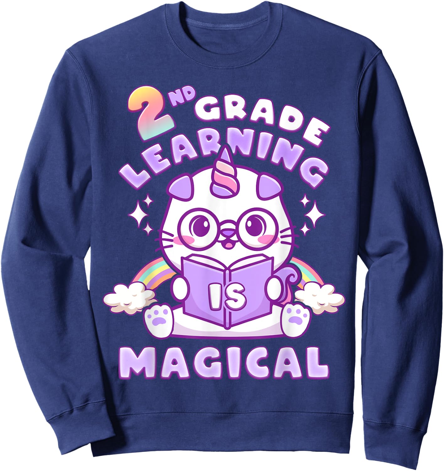 Back To School First Day of 2nd Grade Girl Unicorn Cat Sweatshirt - Sweatshirt | Navy