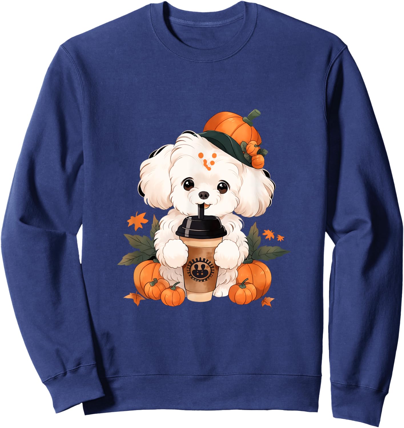 Bichon Frise Pumpkin Spice Latte Autumn Thanksgiving Halloween Sweatshirt - Sweatshirt | Navy