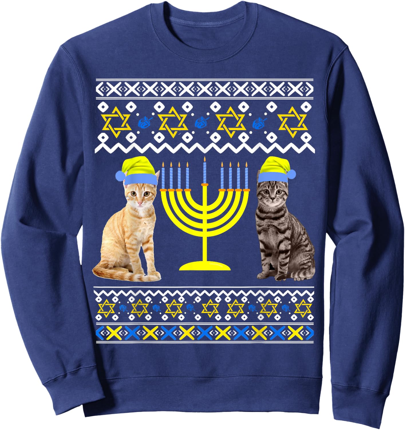 Cat With Menorah Hanukkah Chanukah Menorah Cat Sweater Sweatshirt - Sweatshirt | Navy