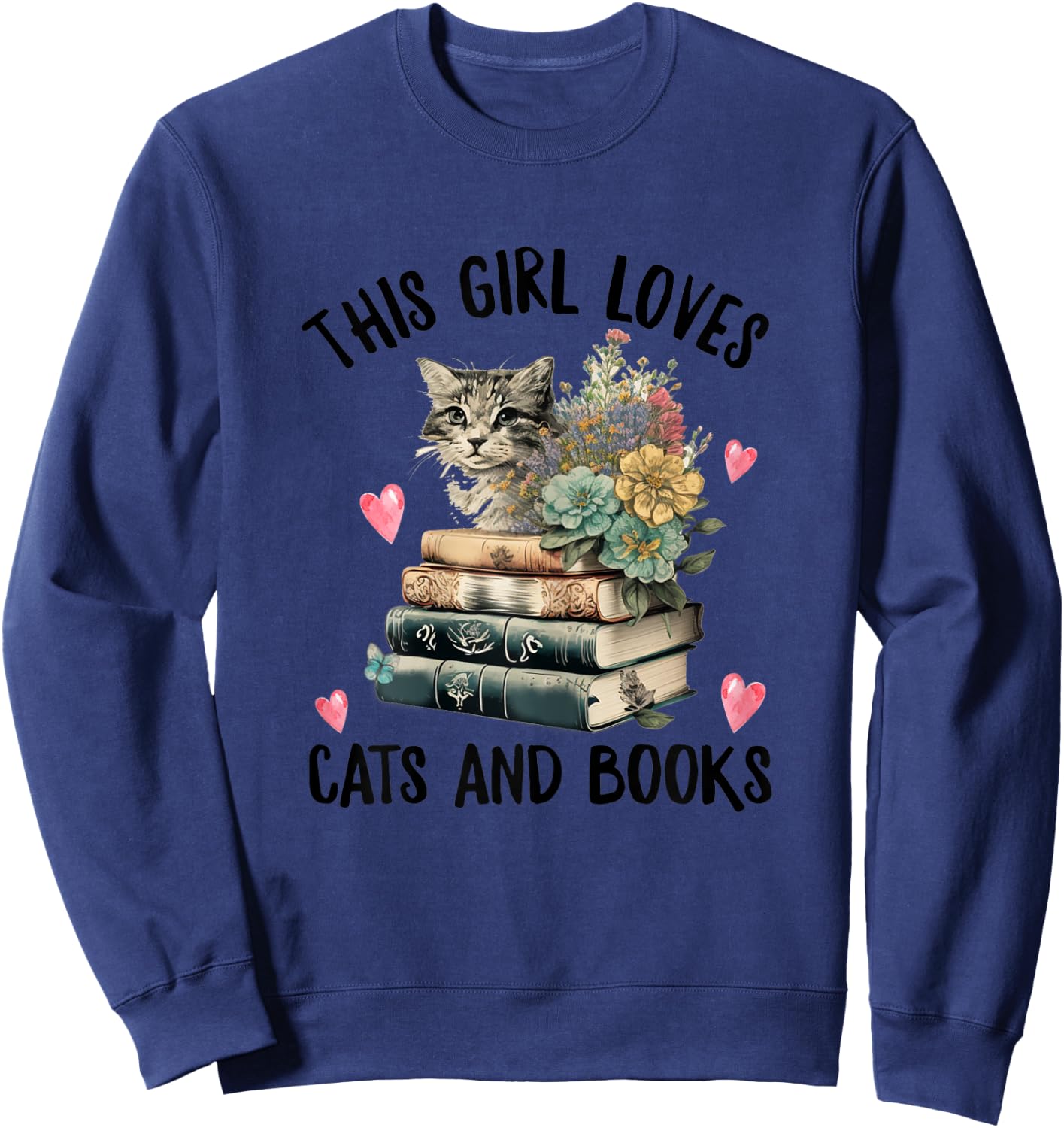 This Girl Loves Cats and Books Funny Cat Watercolor Sweatshirt - Sweatshirt | Navy