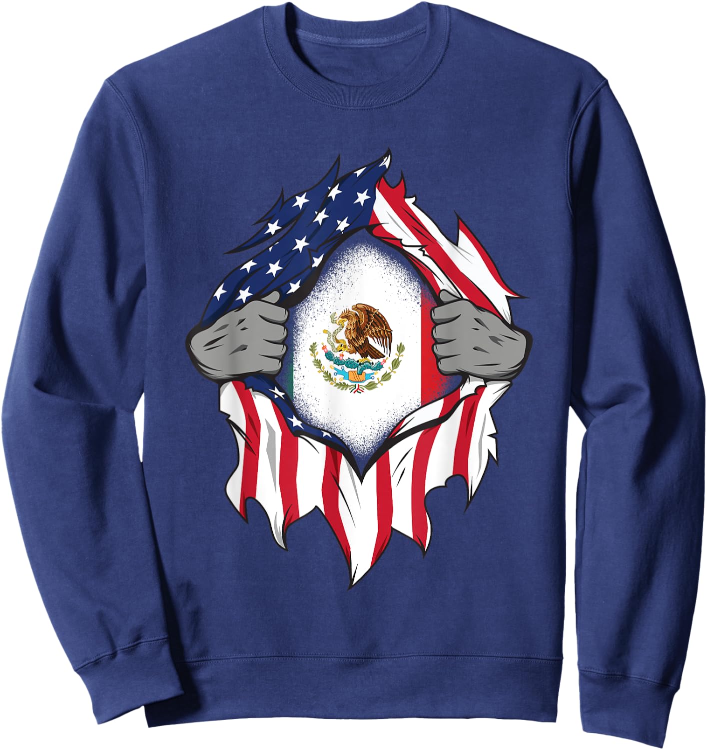 Mexican American Flags Hands Ripping Flag on Chest Sweatshirt - Sweatshirt | Navy