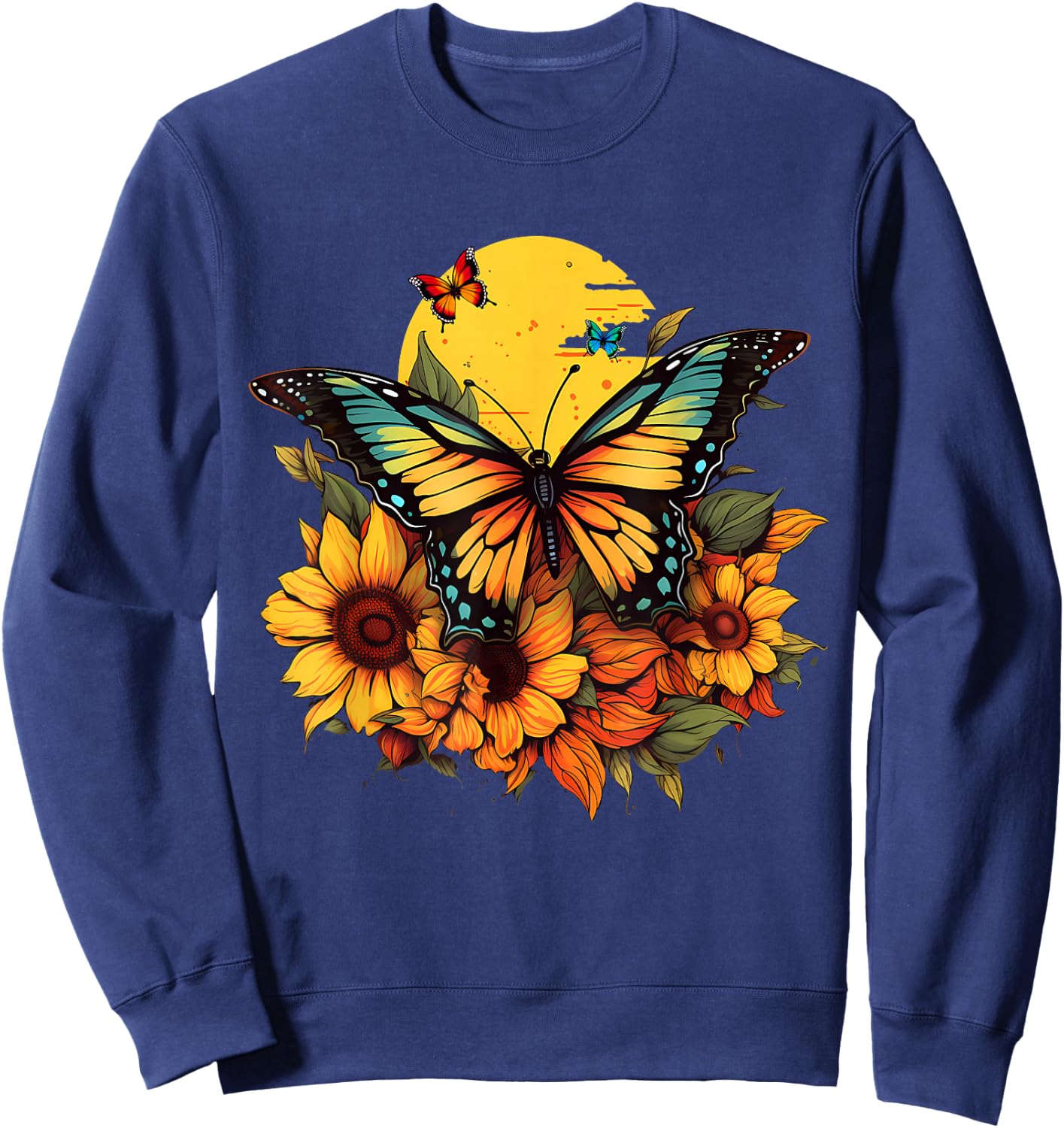 Butterflies Sunflower Design Sweatshirt - Sweatshirt | Navy
