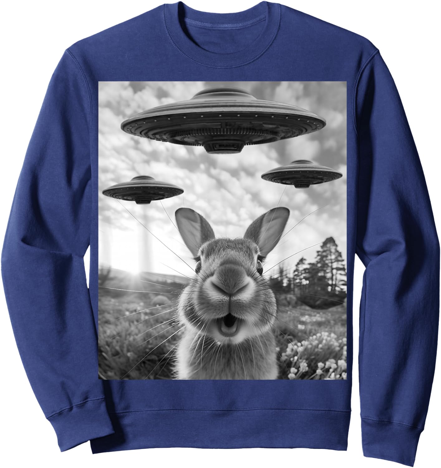 Rabbit Selfie with UFOs Vintage Alien Rabbit Sweatshirt - Sweatshirt | Navy
