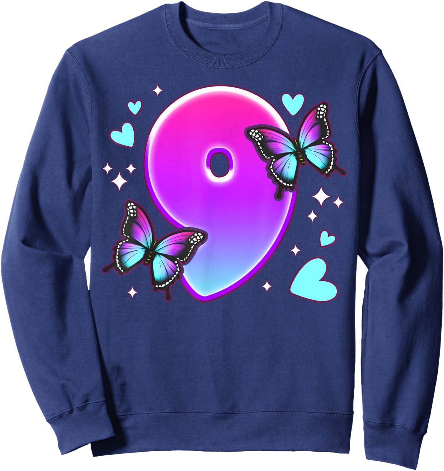 Birthday Girl 9 Years, Butterflies and Number 9 Sweatshirt - Sweatshirt | Navy