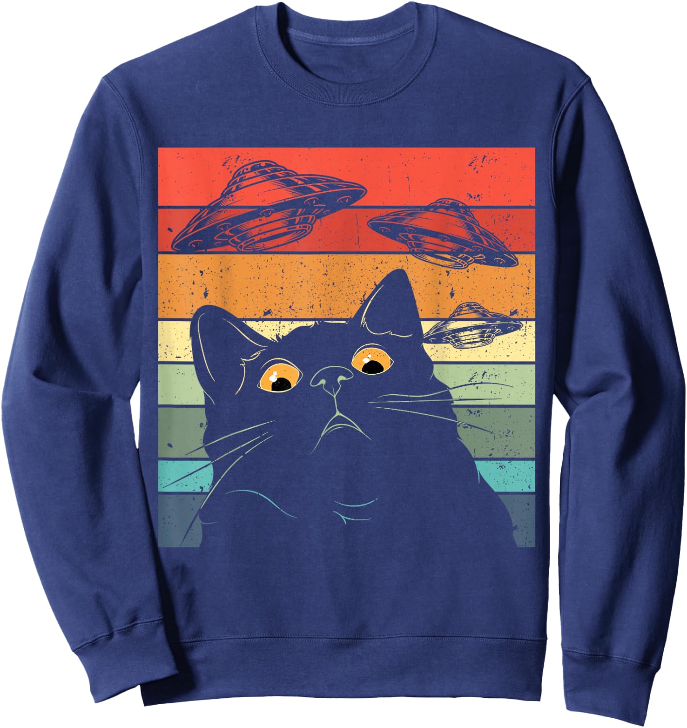 Funny Cat , Galaxy Cat Shirt Spaceship Alien Cat UFO Sweatshirt - Sweatshirt | Navy
