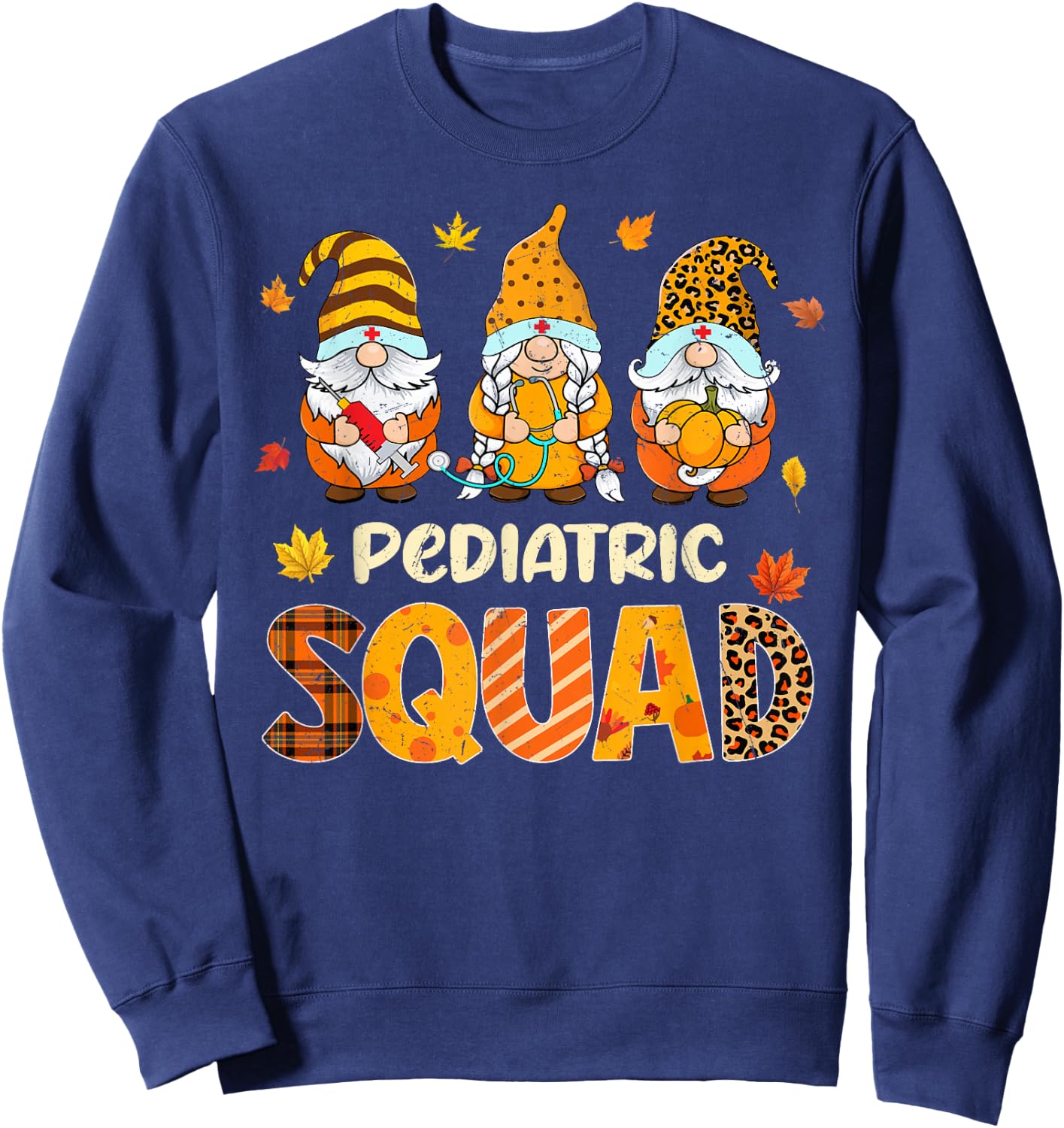 Pediatric Squad Cute Gnome Nurse Leopard Thanksgiving Fall Sweatshirt - Sweatshirt | Navy