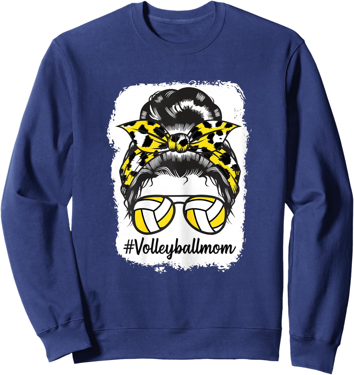 Bleached Volleyball Mom Messy Bun Yellow Leopard Print Sweatshirt - Sweatshirt | Navy