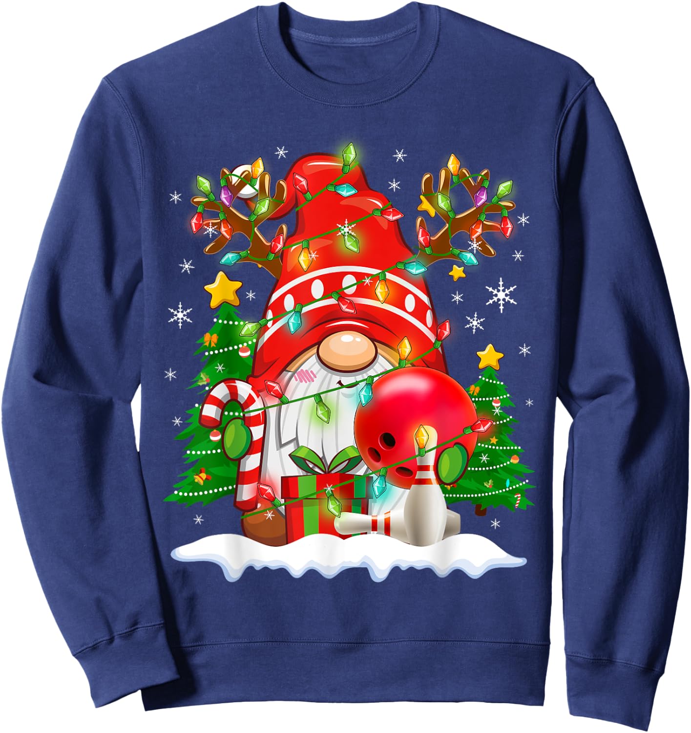 Funny Reindeer Gnome & Bowling Ball Christmas Lights Xmas Sweatshirt - Sweatshirt | Navy