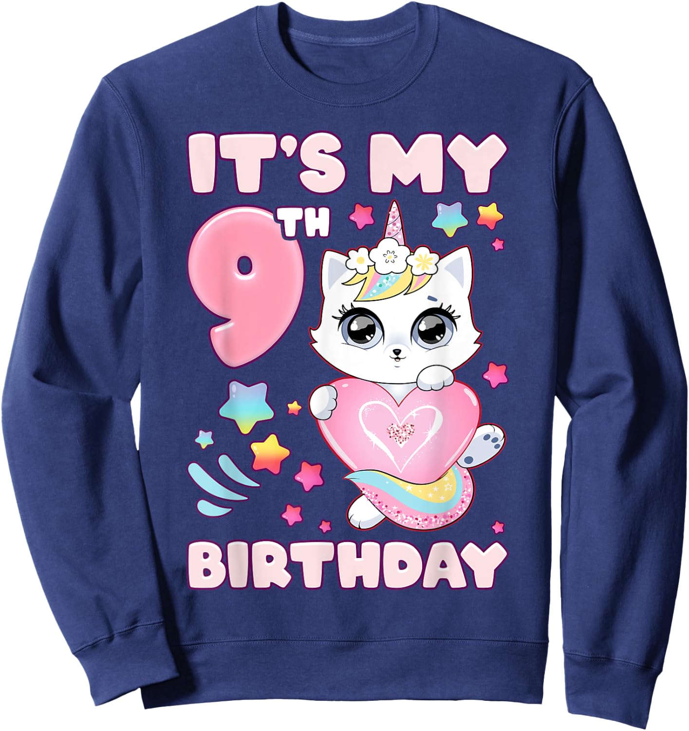 Birthday girl 9 years old, cat, unicorn, 9th birthday Sweatshirt - Sweatshirt | Navy