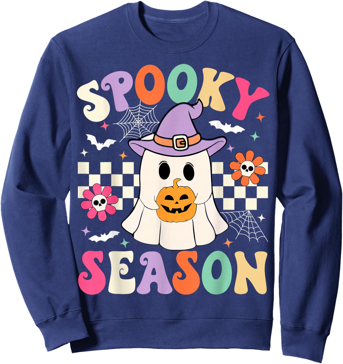 Groovy Spooky Season Retro Ghost Holding Pumpkin Halloween Sweatshirt - Sweatshirt | Navy