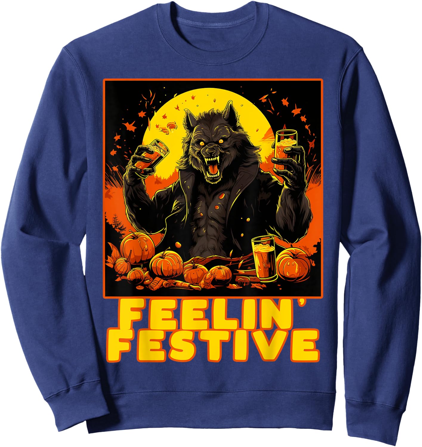 Funny Werewolf Drinking Halloween Costume Party Thanksgiving Sweatshirt - Sweatshirt | Navy
