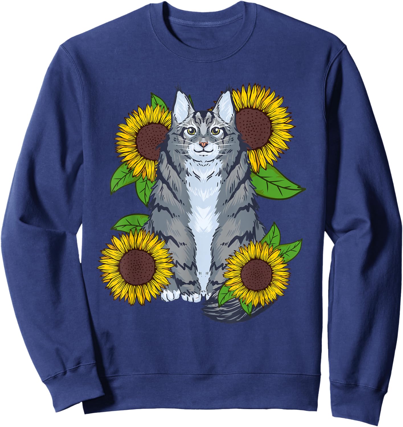 Floral Sunflower Mainecoon Cat Lover Men Women Kids Sweatshirt - Sweatshirt | Navy