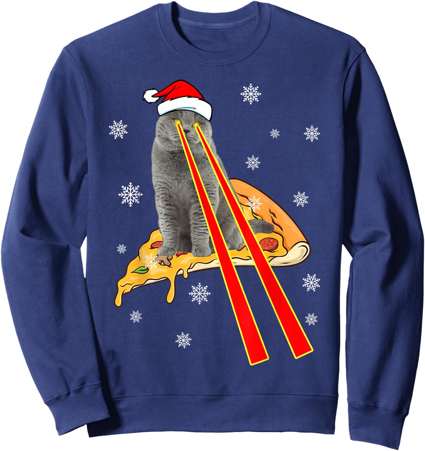 Cat With Laser Eyes Funny Pizza Cat Christmas Sweatshirt - Sweatshirt | Navy