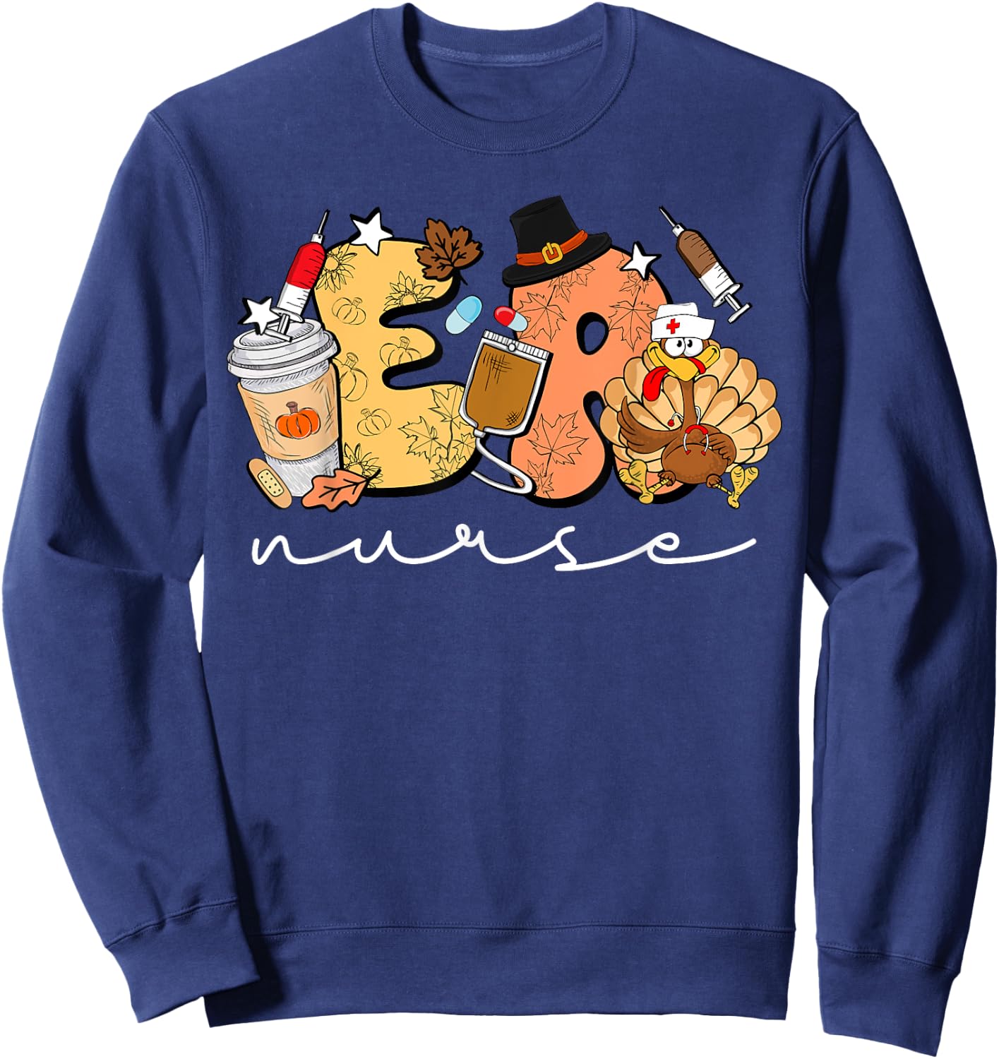Retro Thanksgiving ER Nurse Turkey Emergency Room Nurse Sweatshirt - Sweatshirt | Navy