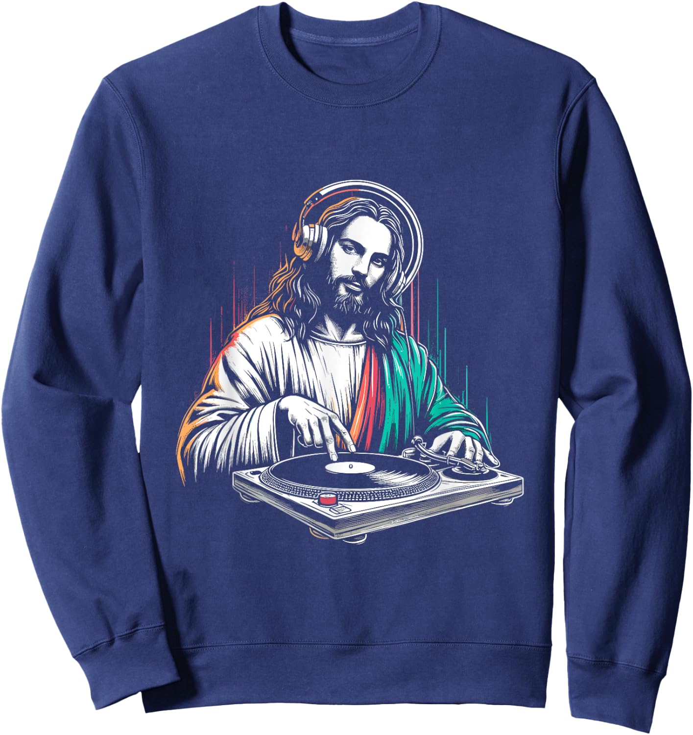 Jesus Christ DJ - Funny Vintage Holy Turntables Music Lover Sweatshirt - Sweatshirt | Navy