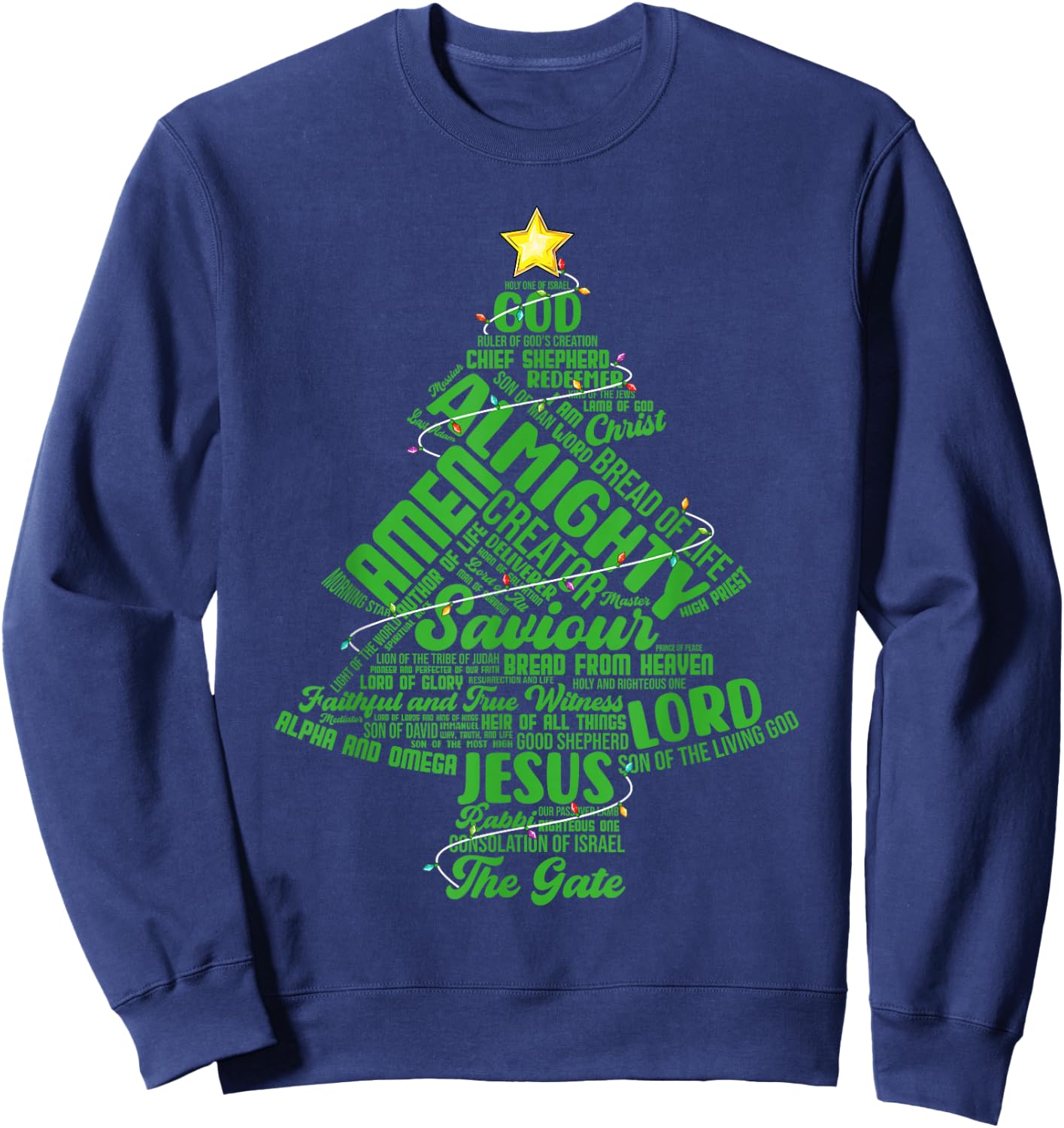 Names Of Jesus Christmas Tree Lights Christian Xmas Pajama Sweatshirt - Sweatshirt | Navy