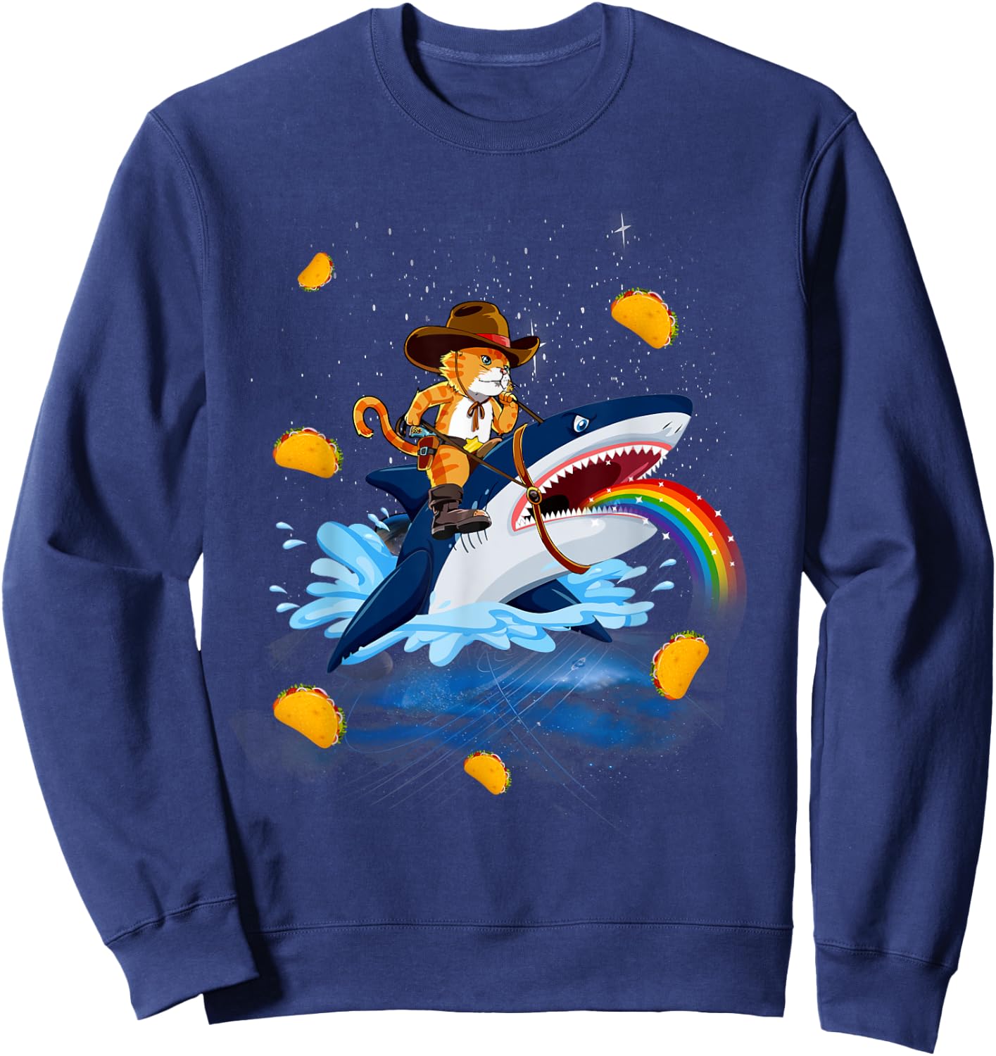 Western Cowboy Cat Riding A Shark In Taco Space Rainbow Sweatshirt - Sweatshirt | Navy