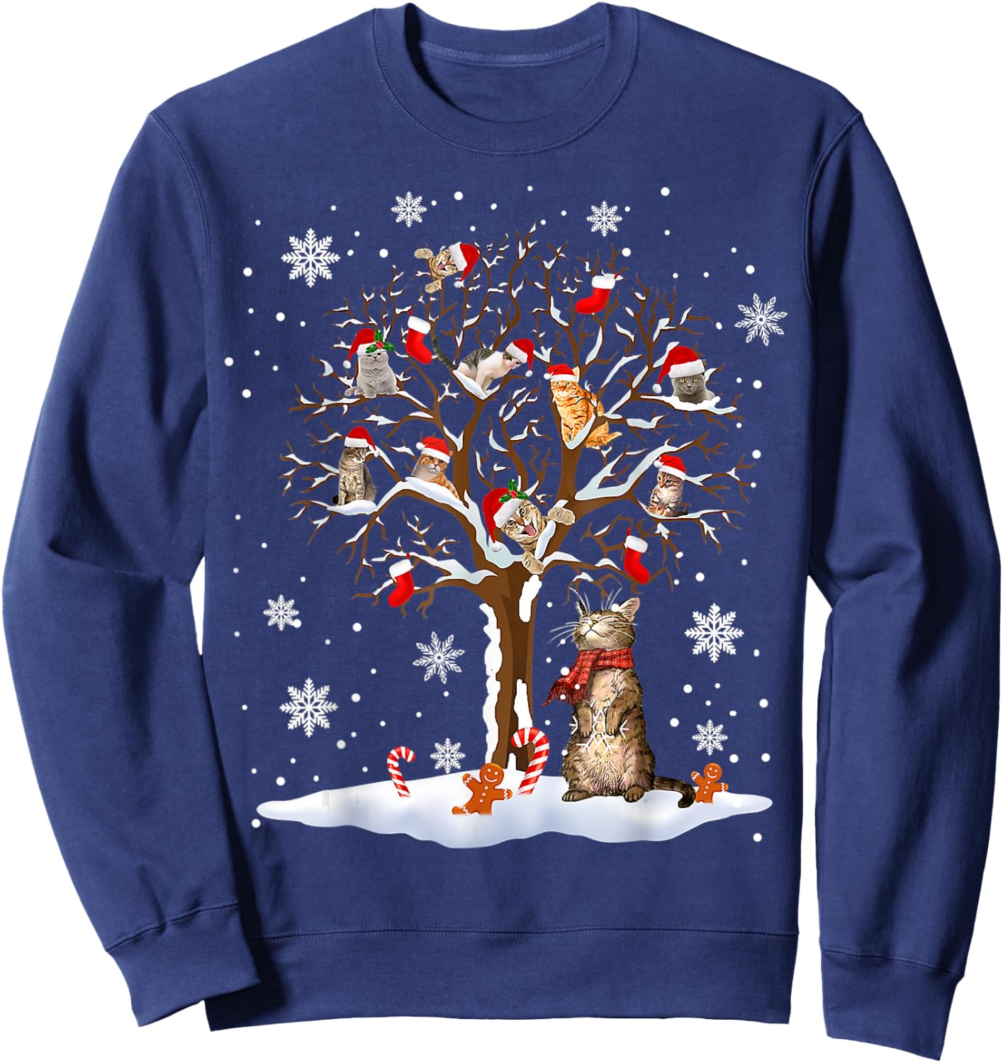Cats In Snow Tree Winter Christmas Santa Hat X-mas Sweatshirt - Sweatshirt | Navy