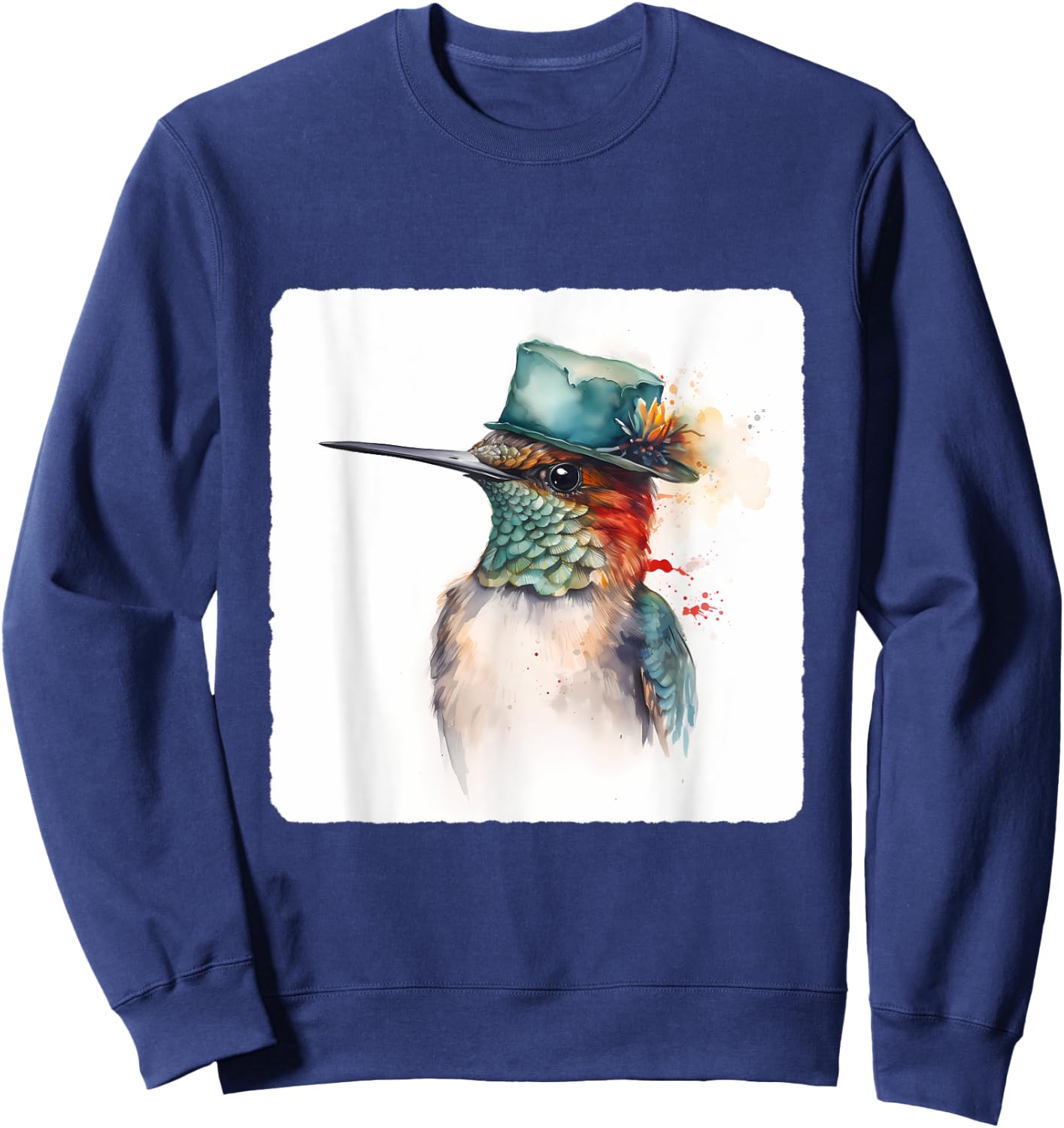 A Hummingbird Wearing A Hat. Hummingbird Donning A Hat, Bird Sweatshirt - Sweatshirt | Navy