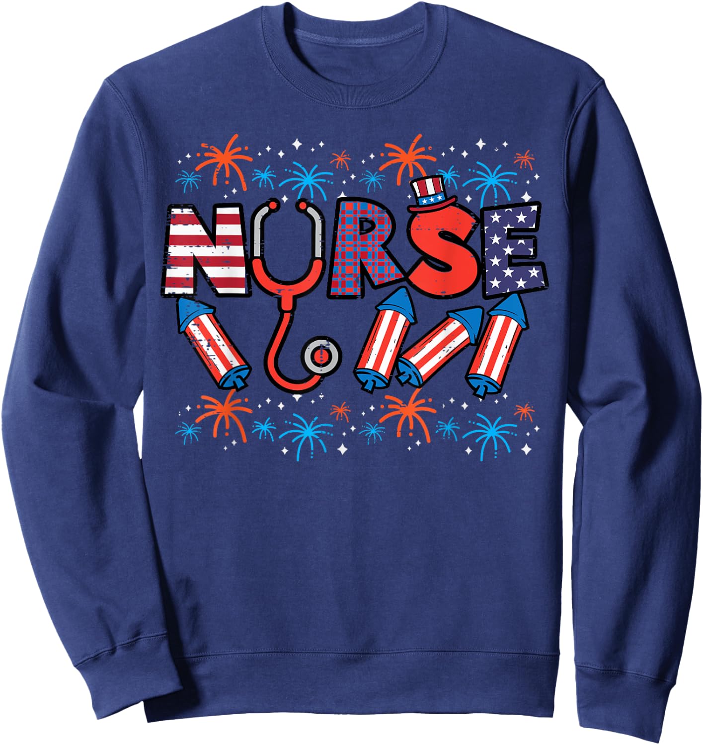 4th Of July Nurse Stethoscope Patriotic Scrub Top Women Men Sweatshirt - Sweatshirt | Navy