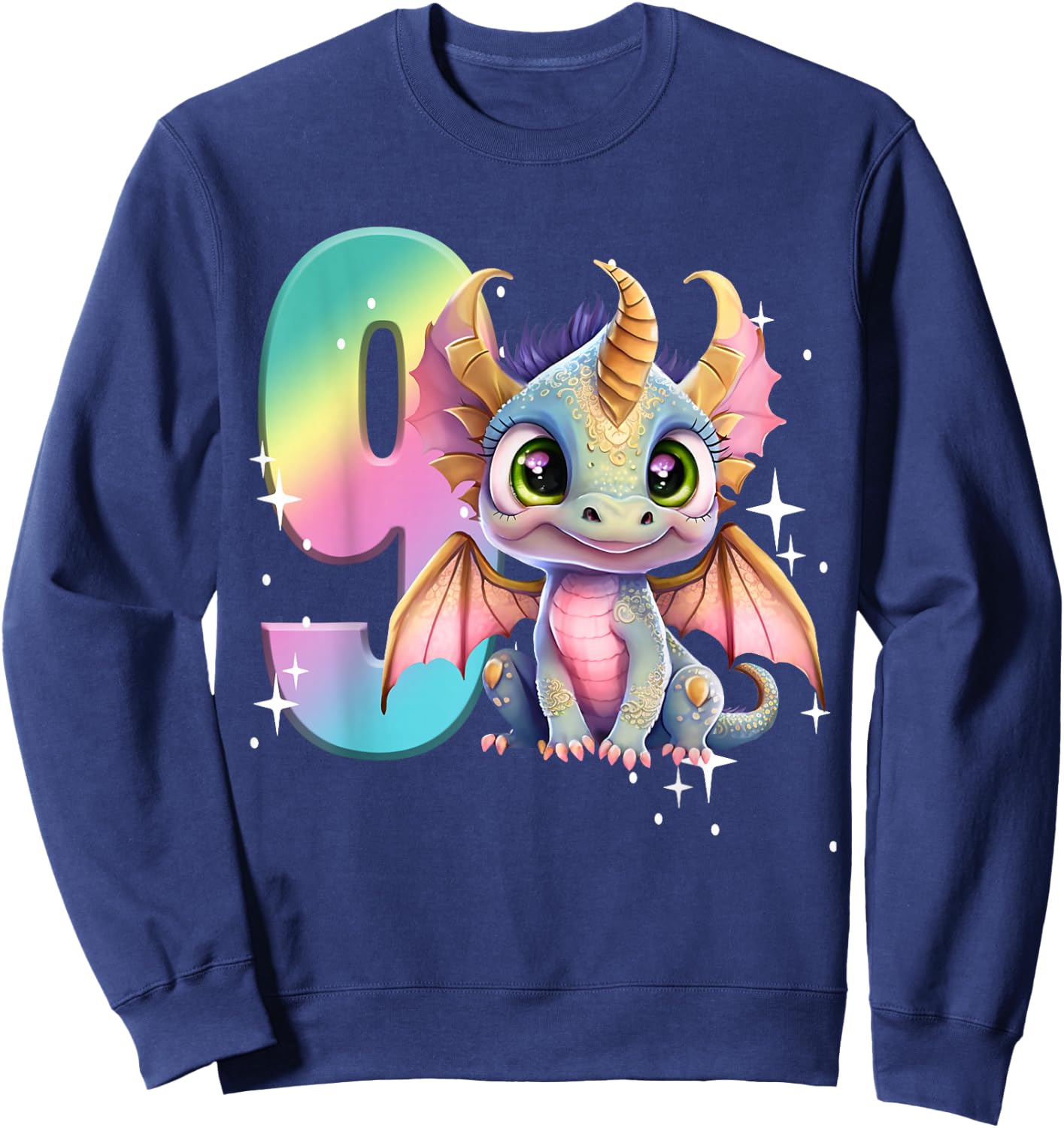 9th Birthday Shirt Dragon Party Rainbow Girl Dragon Nine 9 Sweatshirt - Sweatshirt | Navy