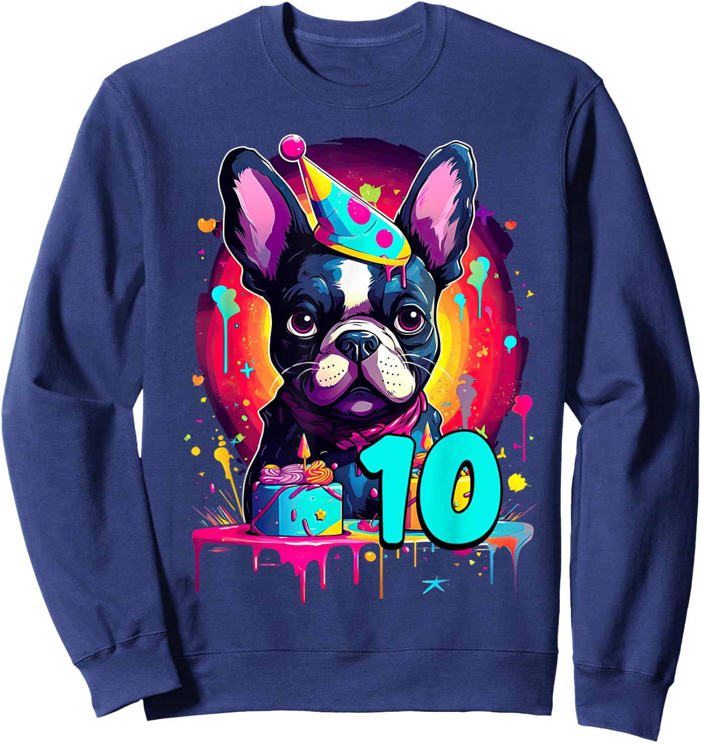 French Bulldog Dog 10th Birthday Themed Party 10 Years Old Men Women Girls Kids Sweatshirt - Sweatshirt | Navy
