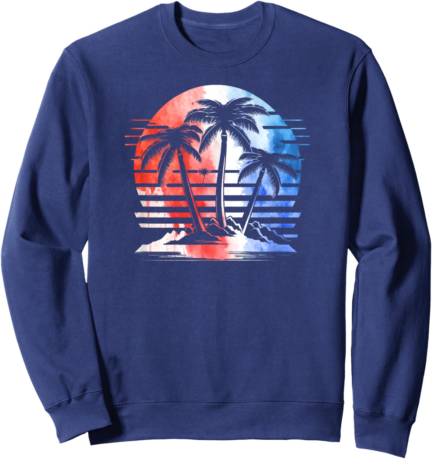 Red White Blue Retro Beach Palm Trees 4th of July Patriotic Sweatshirt - Sweatshirt | Navy
