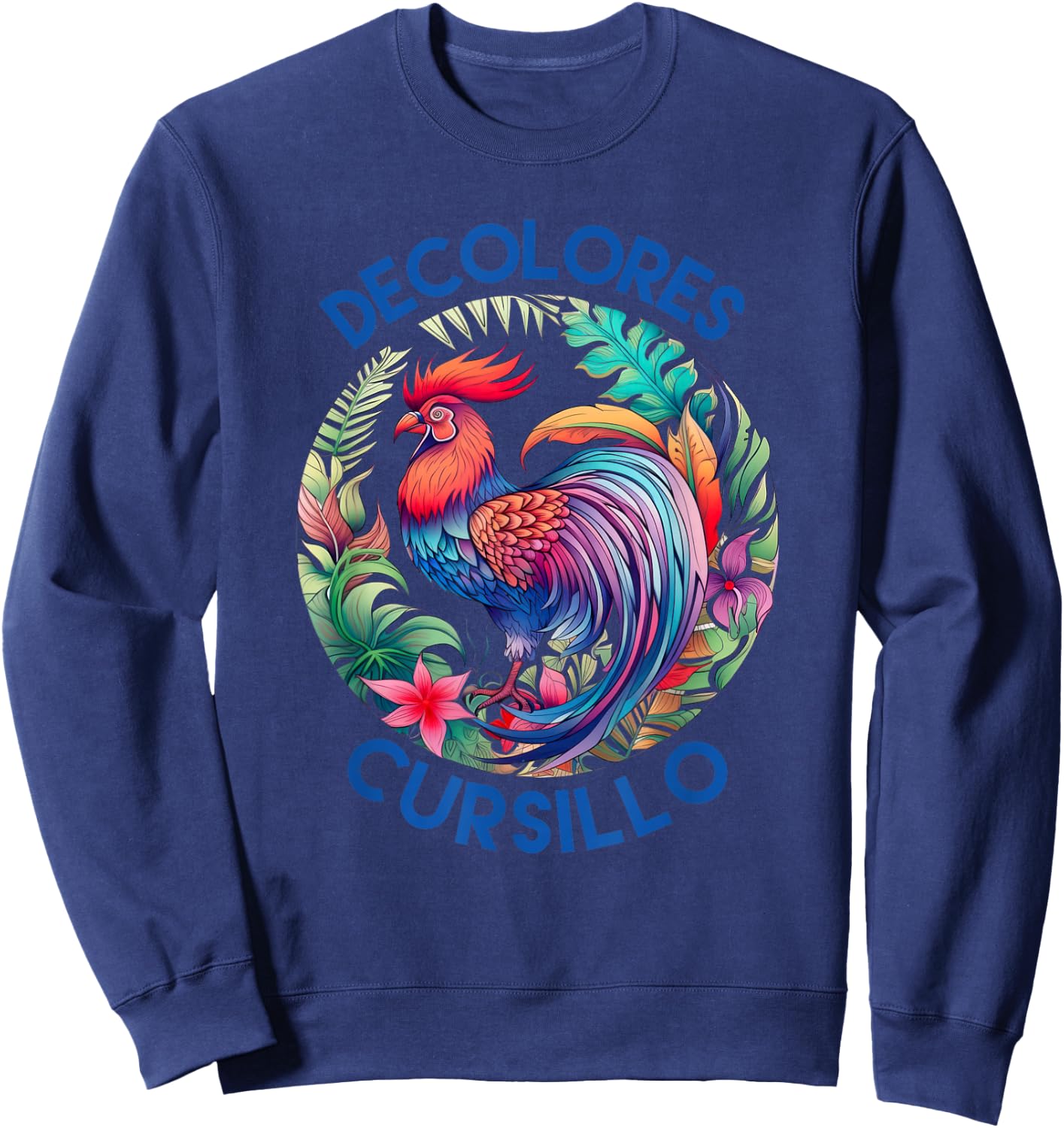 DeColores Cursillo Colorful Rooster Circle With Flowers Sweatshirt - Sweatshirt | Navy