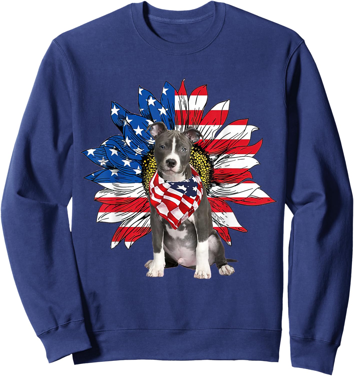 Blue Nose Pitbull American Flag Sunflower Dog Lovers 4th Of Sweatshirt - Sweatshirt | Navy