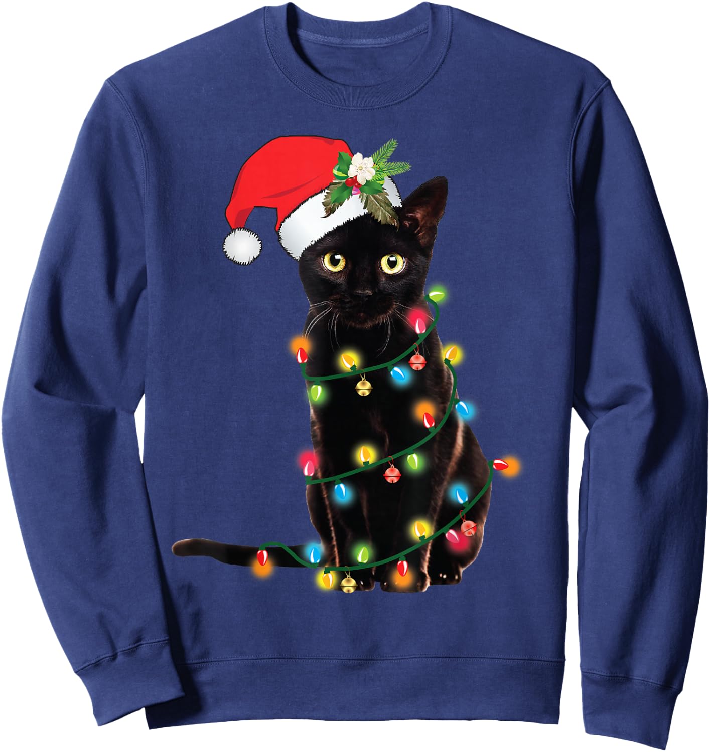 Santa Black Cat Tangled Up In Christmas Tree Lights Holiday Sweatshirt - Sweatshirt | Navy