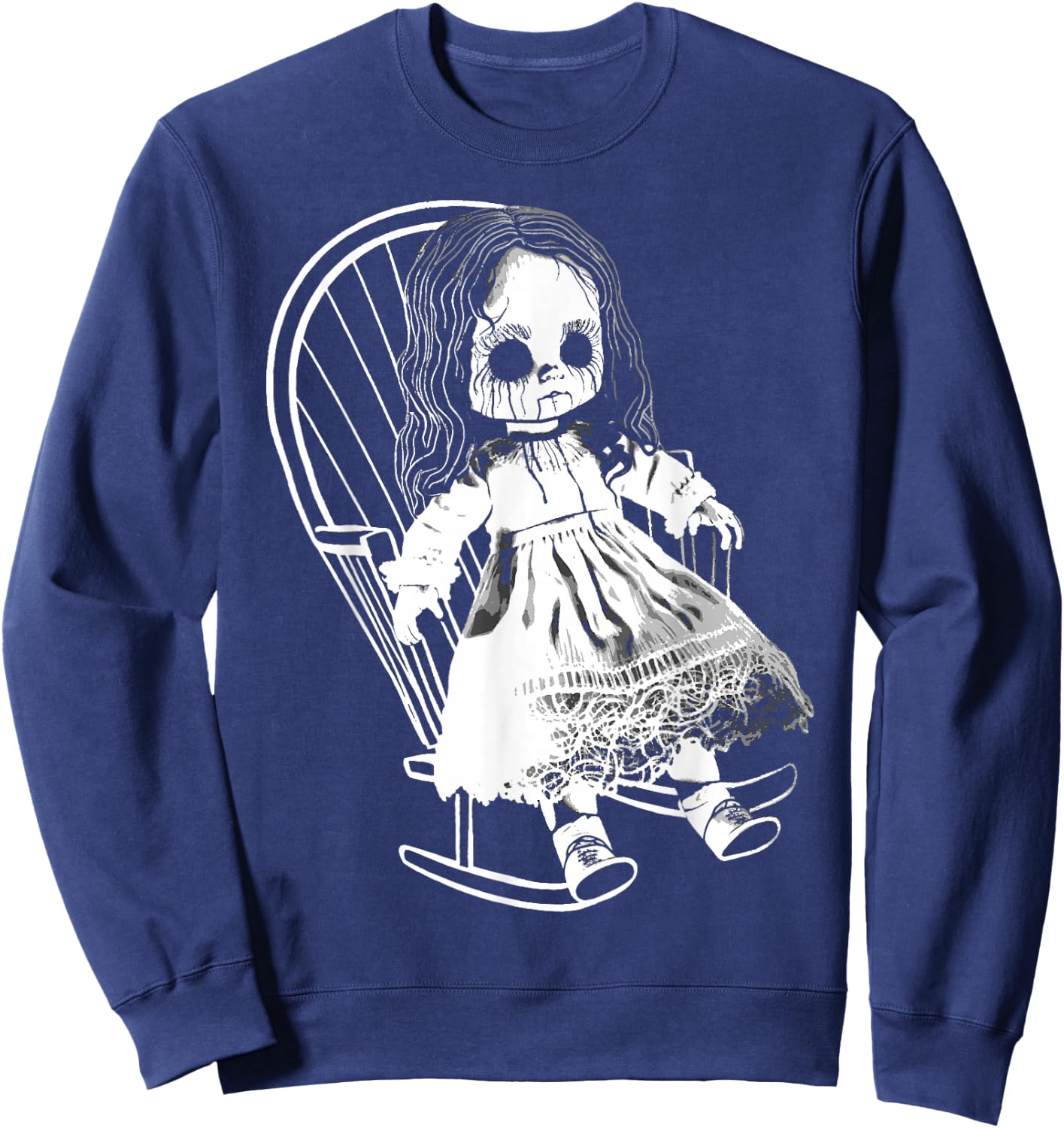 Creepy Nightmare Haunted Horror Doll Sits In Rocking Chair Sweatshirt - Sweatshirt | Navy