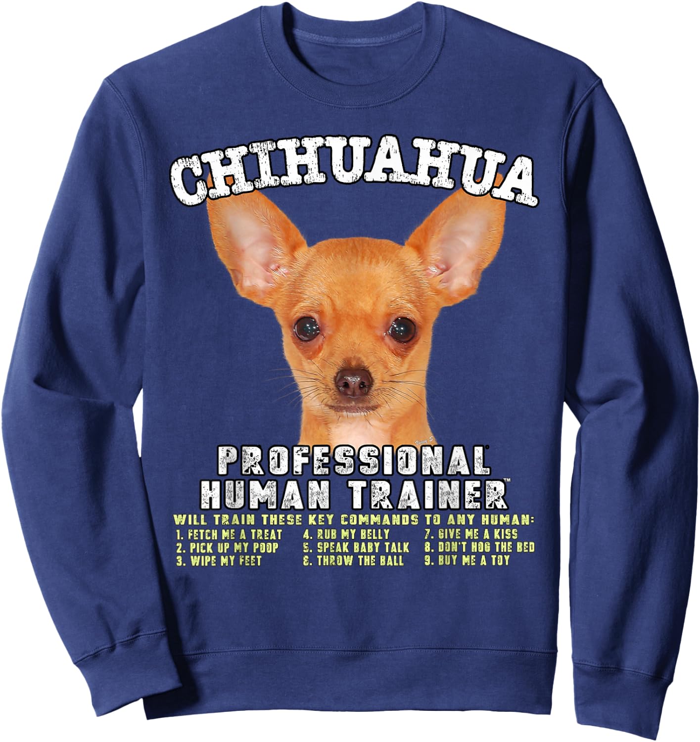 Kitana Chihuahua Dog Themed , -Adults, Black, Small, Short Sleeve, Cotton, Classic Fit, Modern Classic, Chihuahua Sweatshirt - Sweatshirt | Navy