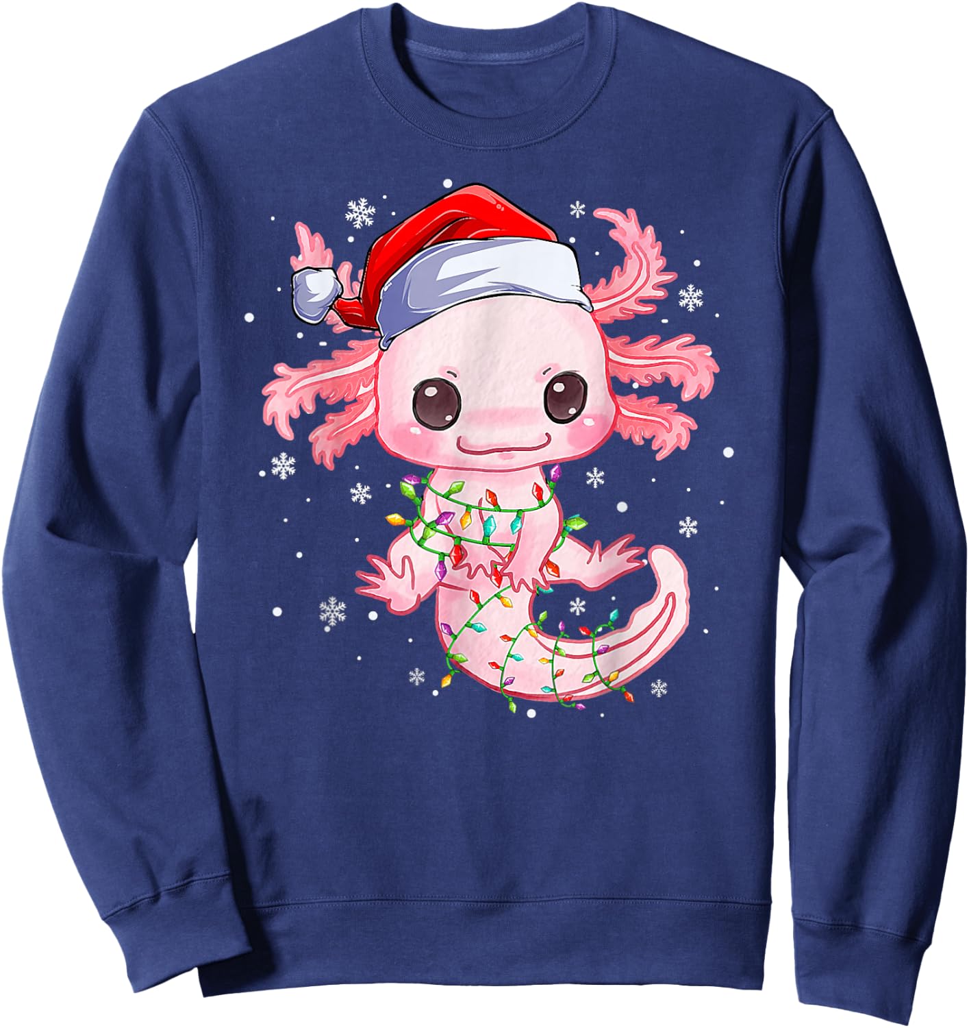 Christmas Axolotl Santa Hat Lights Japanese Cute Anime Xmas Sweatshirt - Sweatshirt | Navy