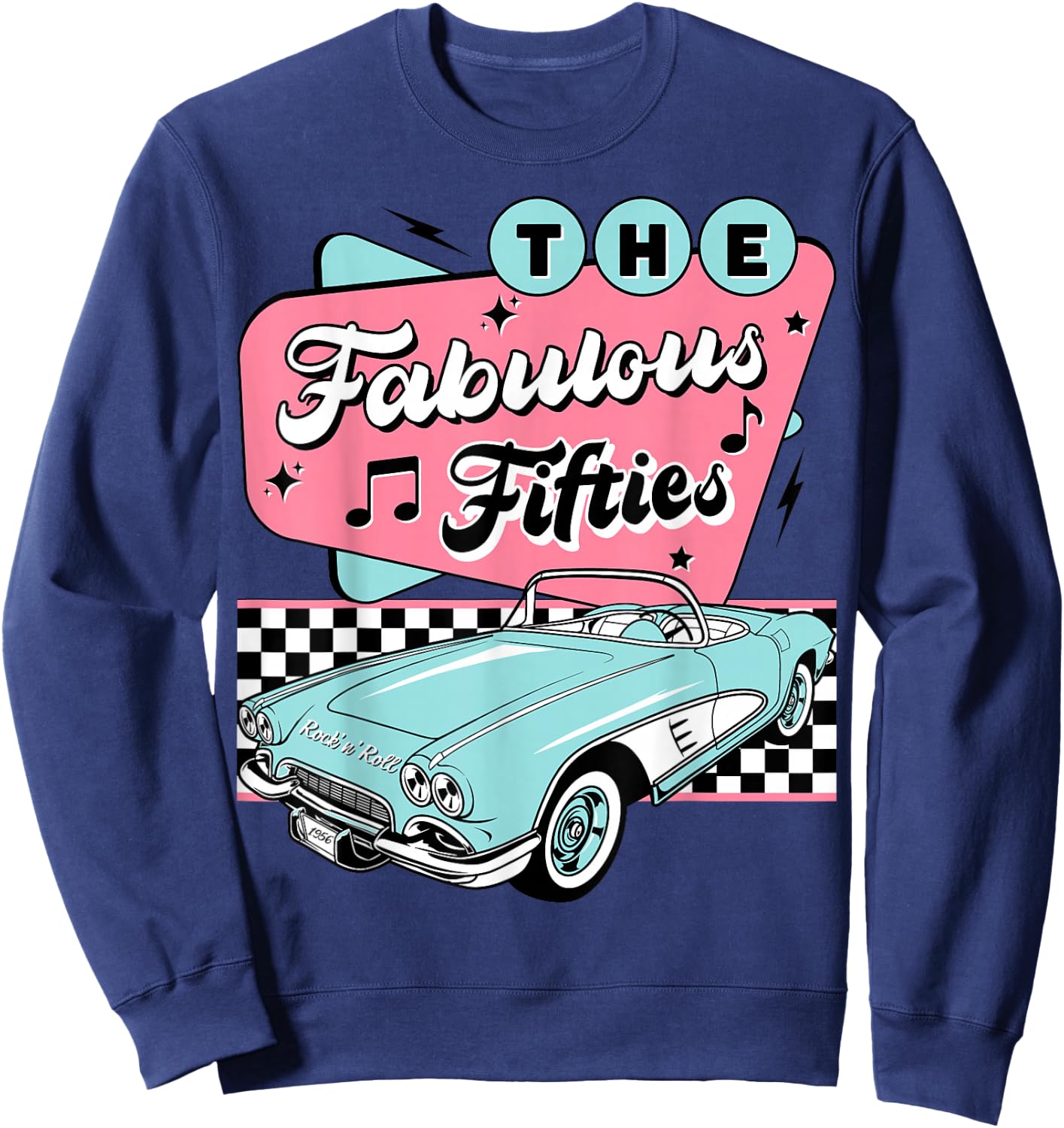 The Fifties 1950s Car Music Checkerboard Rockabilly Sock Hop Sweatshirt - Sweatshirt | Navy