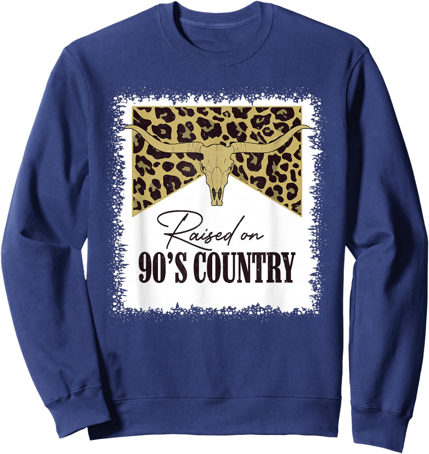 Raised On 90's Country Vintage Bull Skull Leopard Bleached Sweatshirt - Sweatshirt | Navy