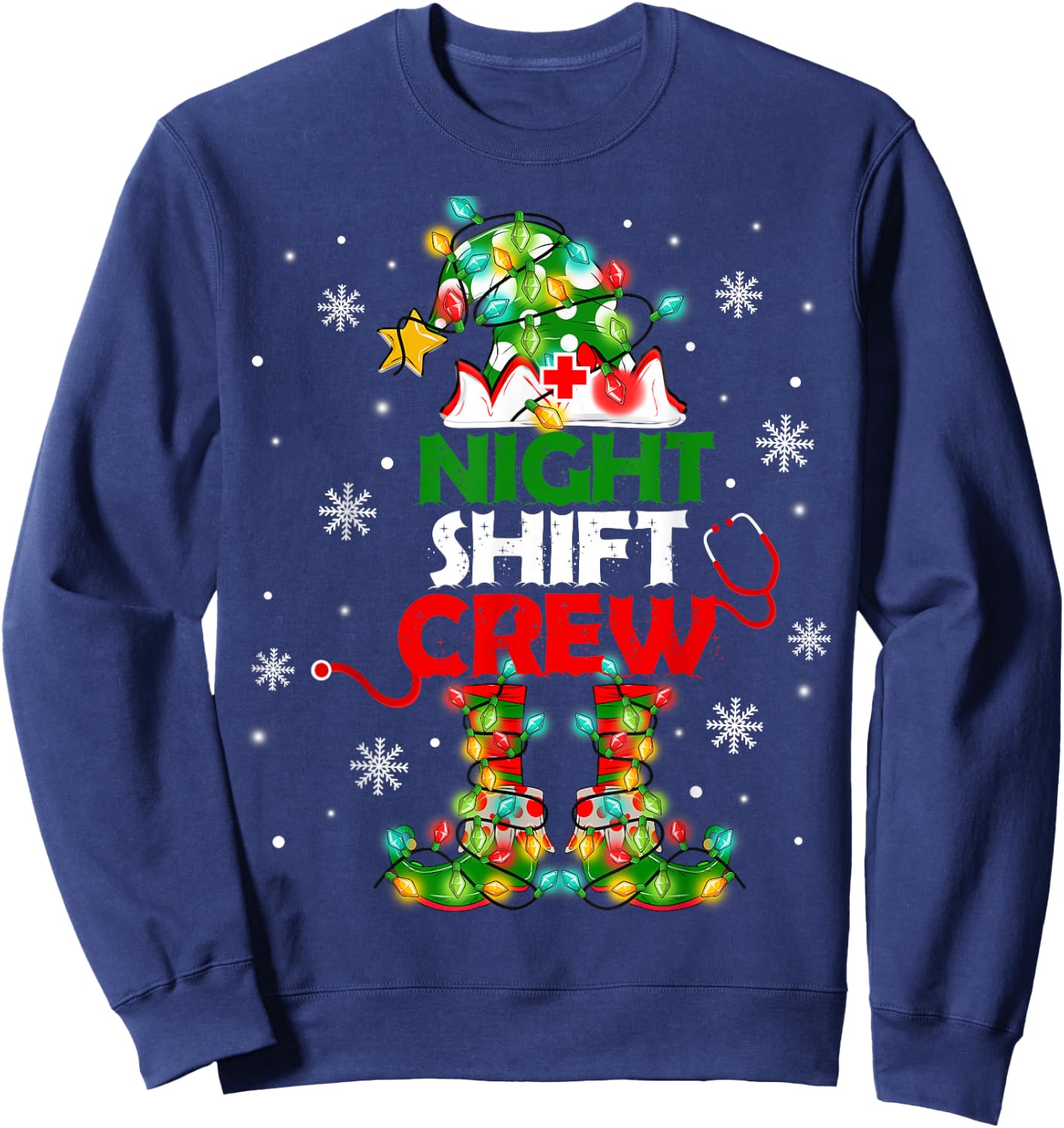 Funny Nurse Elf Christmas Lights Cute Xmas Night Shift Crew Sweatshirt - Sweatshirt | Navy