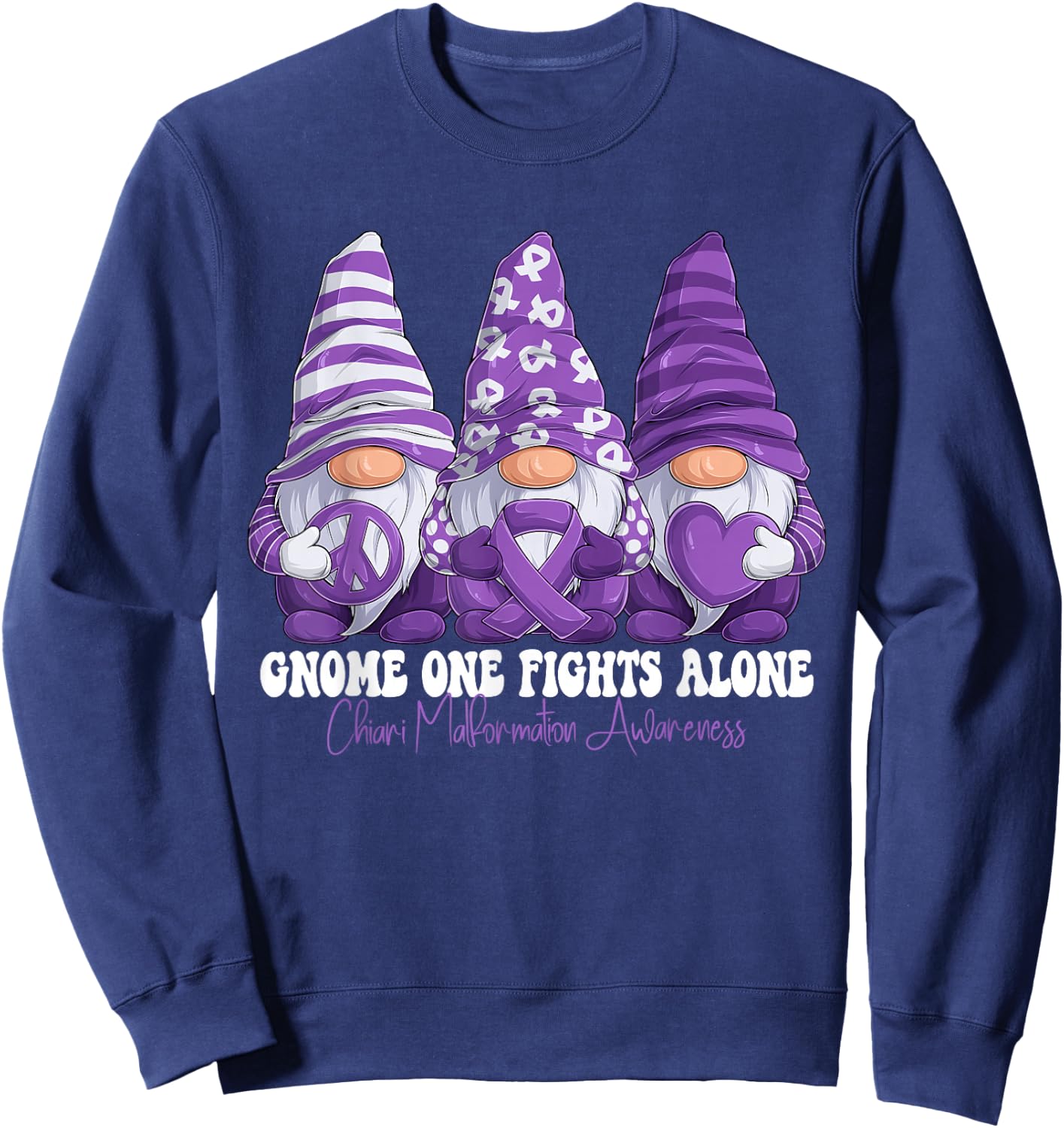 Chiari Malformation Awareness Month Purple Ribbon Gnomies Sweatshirt - Sweatshirt | Navy