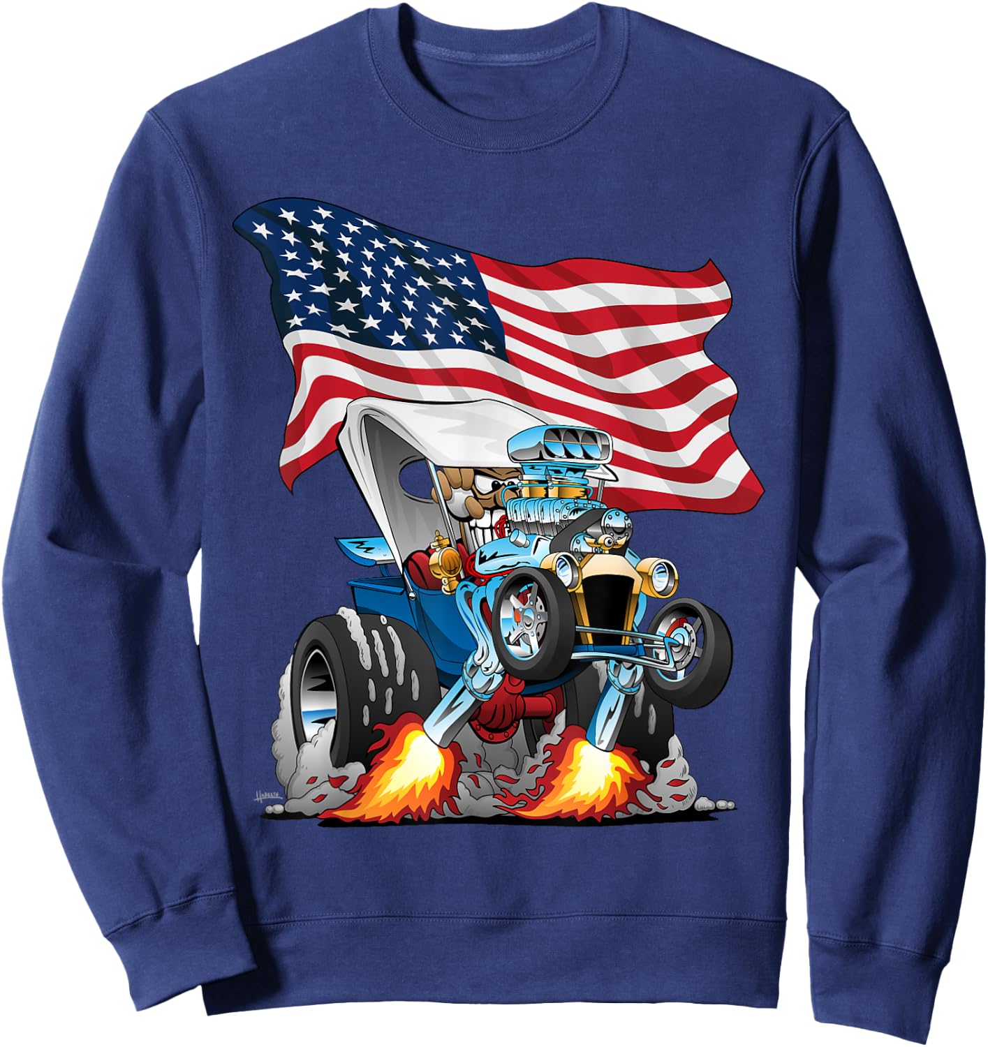 T-bucket Style Car Hotrod USA Flag Patriotic Cartoon Design Sweatshirt - Sweatshirt | Navy