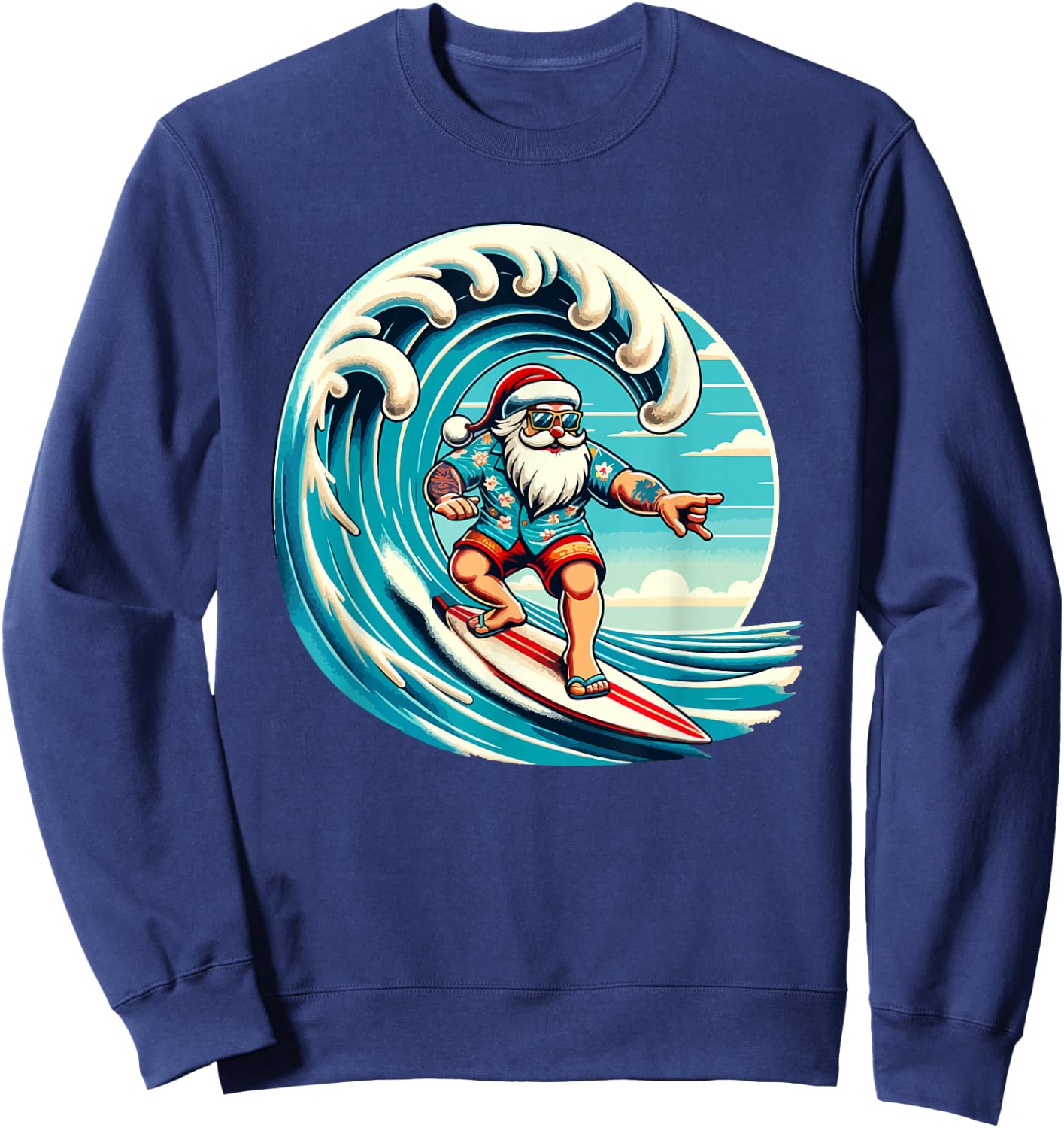 Santa Claus Hawaiian Surfing Christmas Aloha Tropical Xmas Sweatshirt - Sweatshirt | Navy