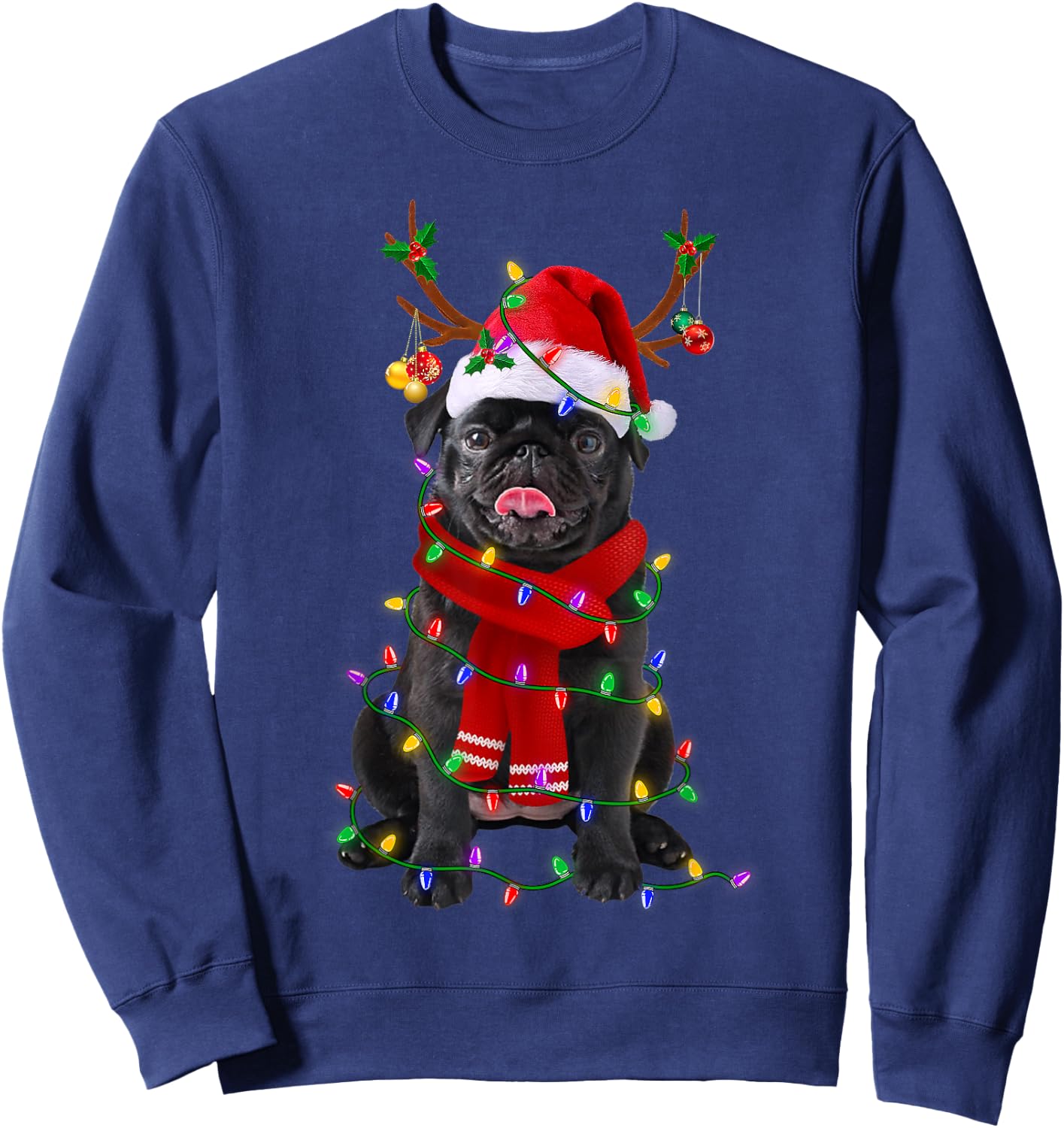 Black Pug Dog Tree Christmas Lights Xmas Pajama Men Women Kids Sweatshirt - Sweatshirt | Navy