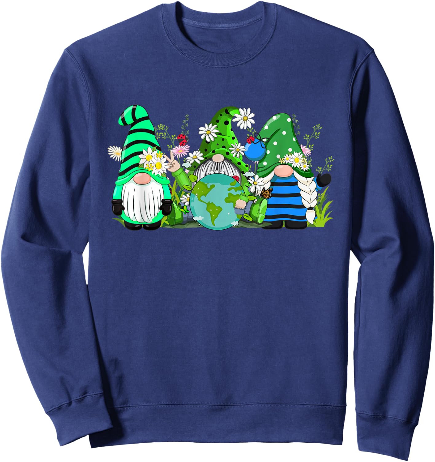 Three Gnomes Daisy Flower Earth Day Funny Gnome Lover Sweatshirt - Sweatshirt | Navy