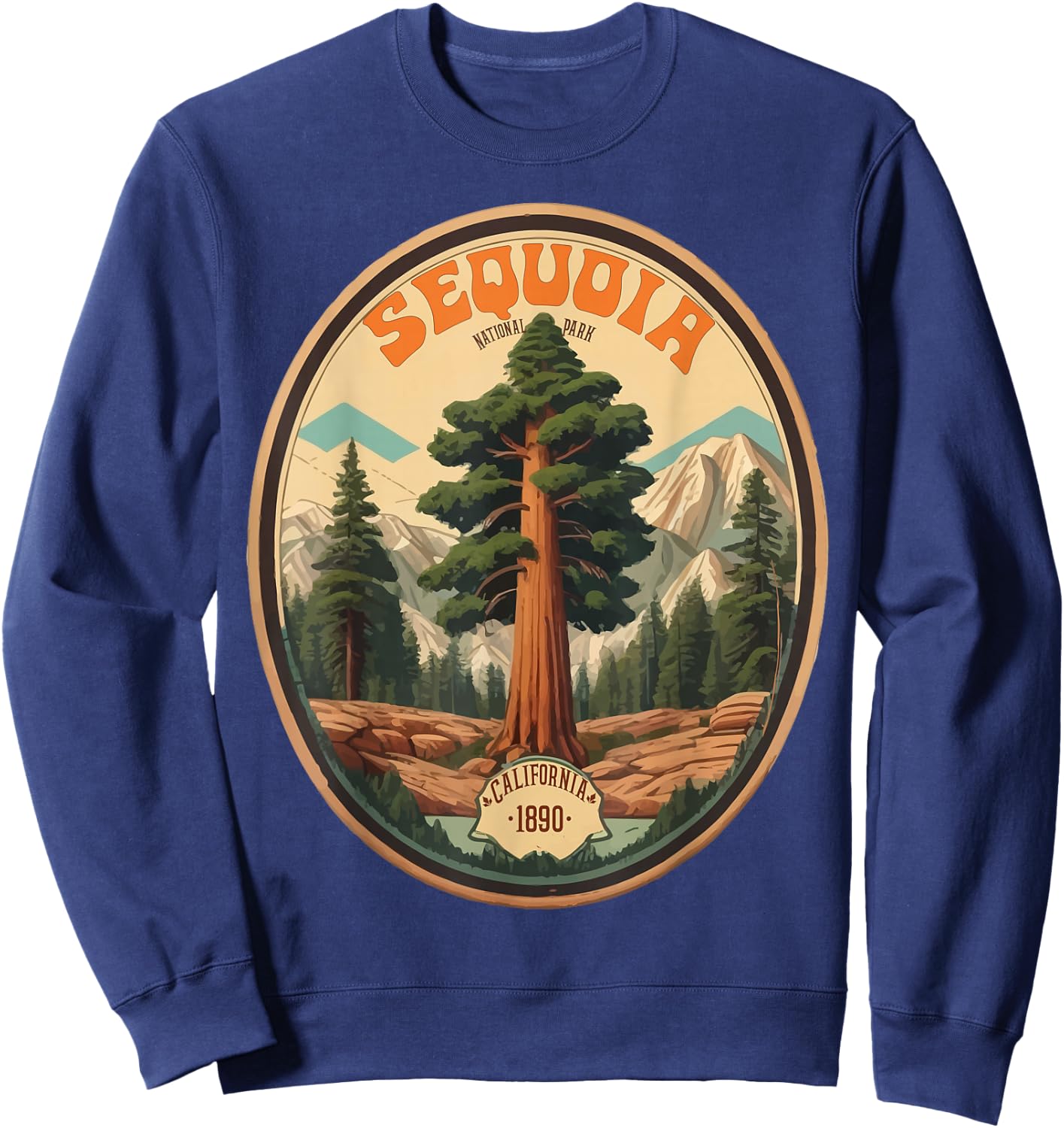 Sequoia National Park Tree Illustration Hiking Retro Badge Sweatshirt - Sweatshirt | Navy